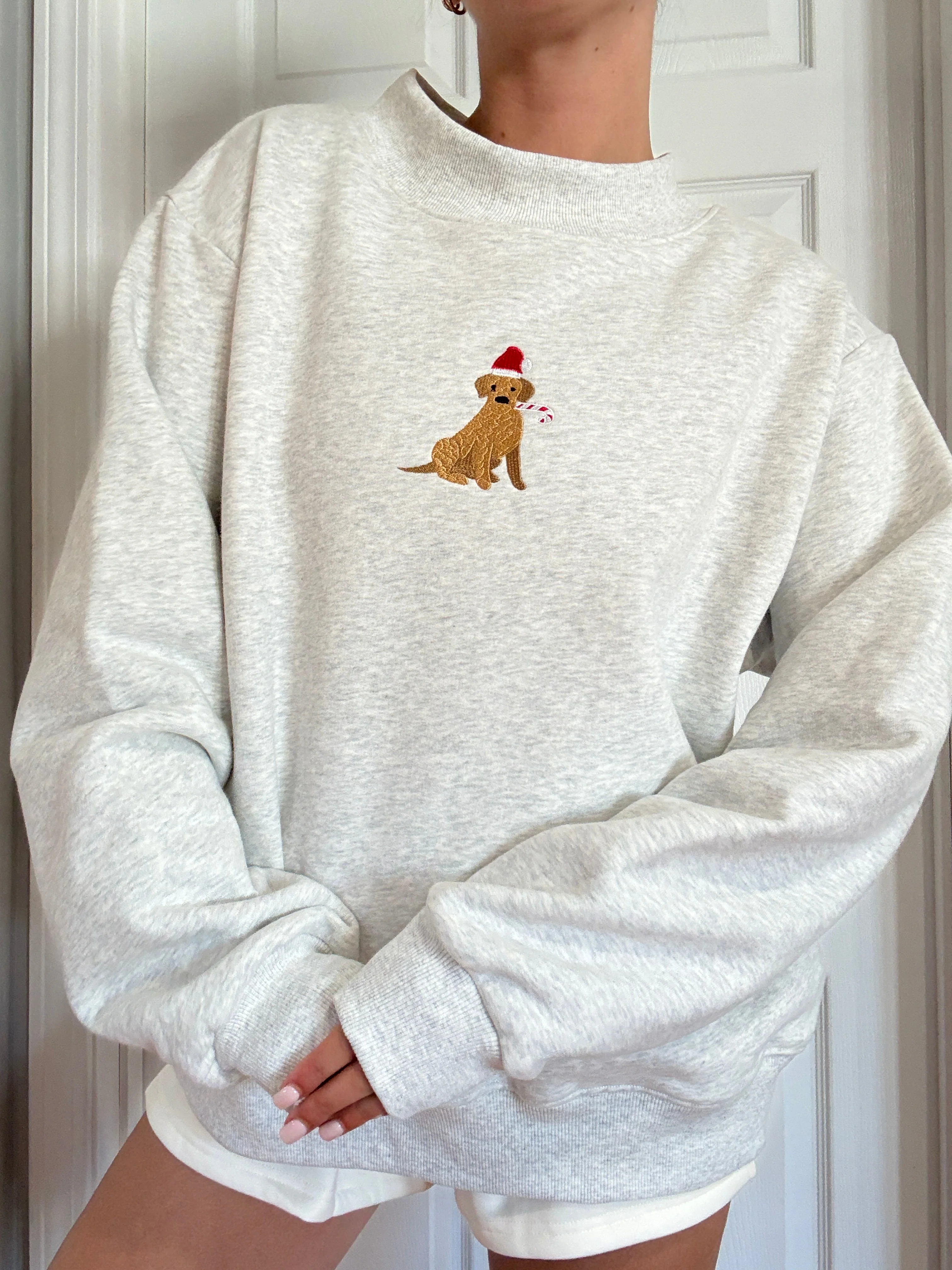 Pearl Grey Christmas Dog Santa Hat Embroidered Mockneck Sweatshirt 100% Cotton - Image 2