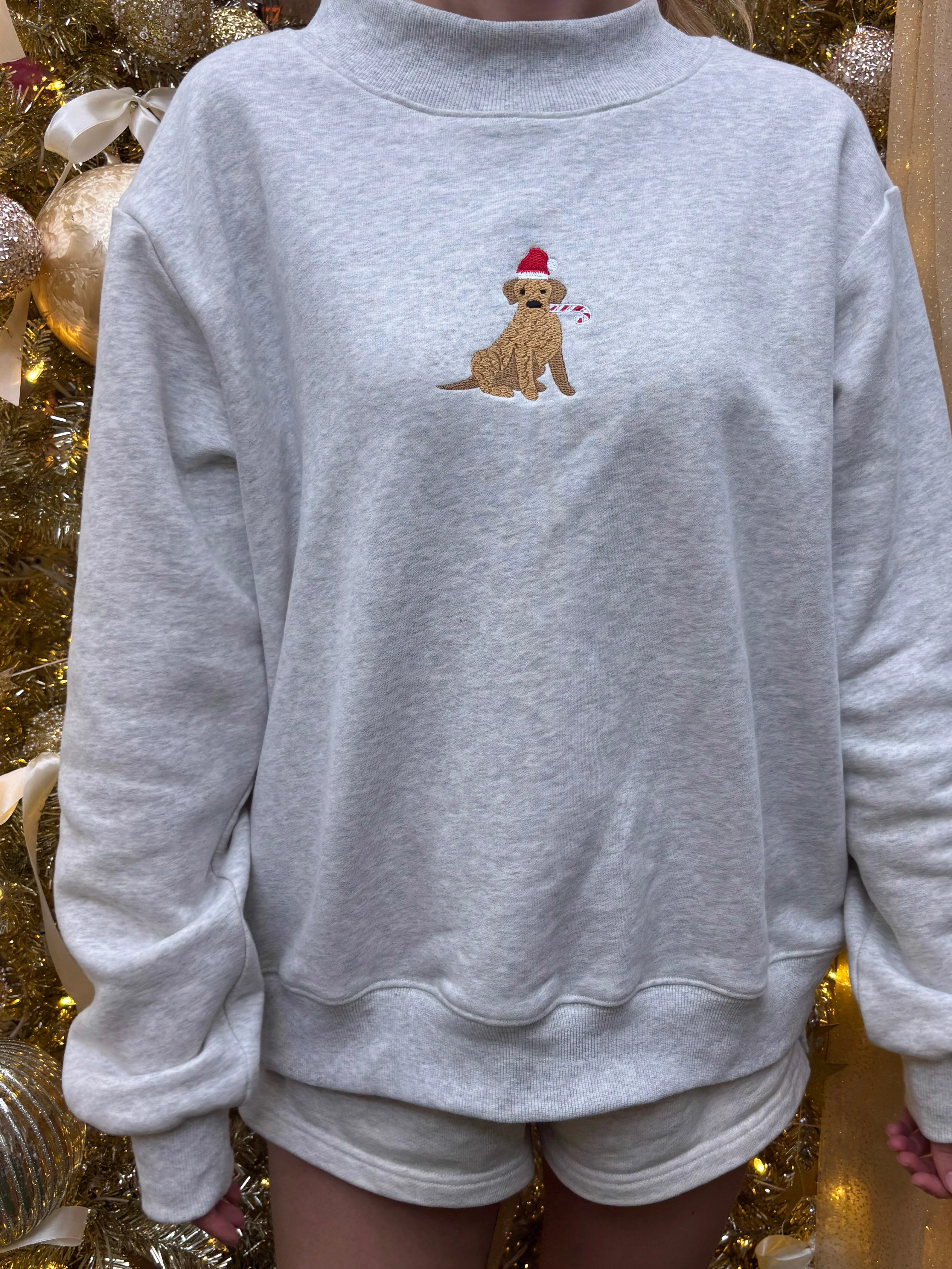 Pearl Grey Christmas Dog Santa Hat Embroidered Mockneck Sweatshirt 100% Cotton - Image 4