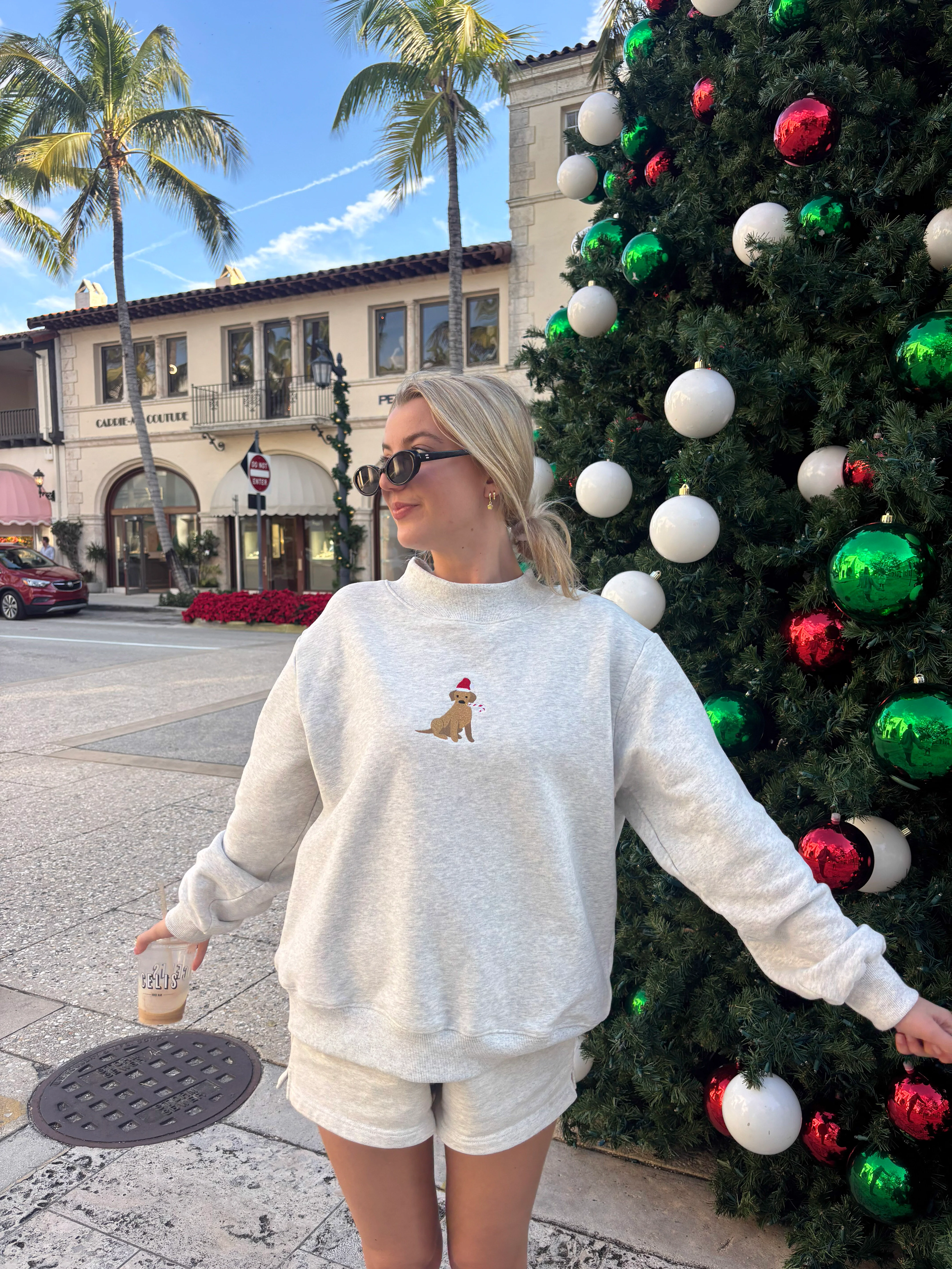 Pearl Grey Christmas Dog Santa Hat Embroidered Mockneck Sweatshirt 100% Cotton - Image 7