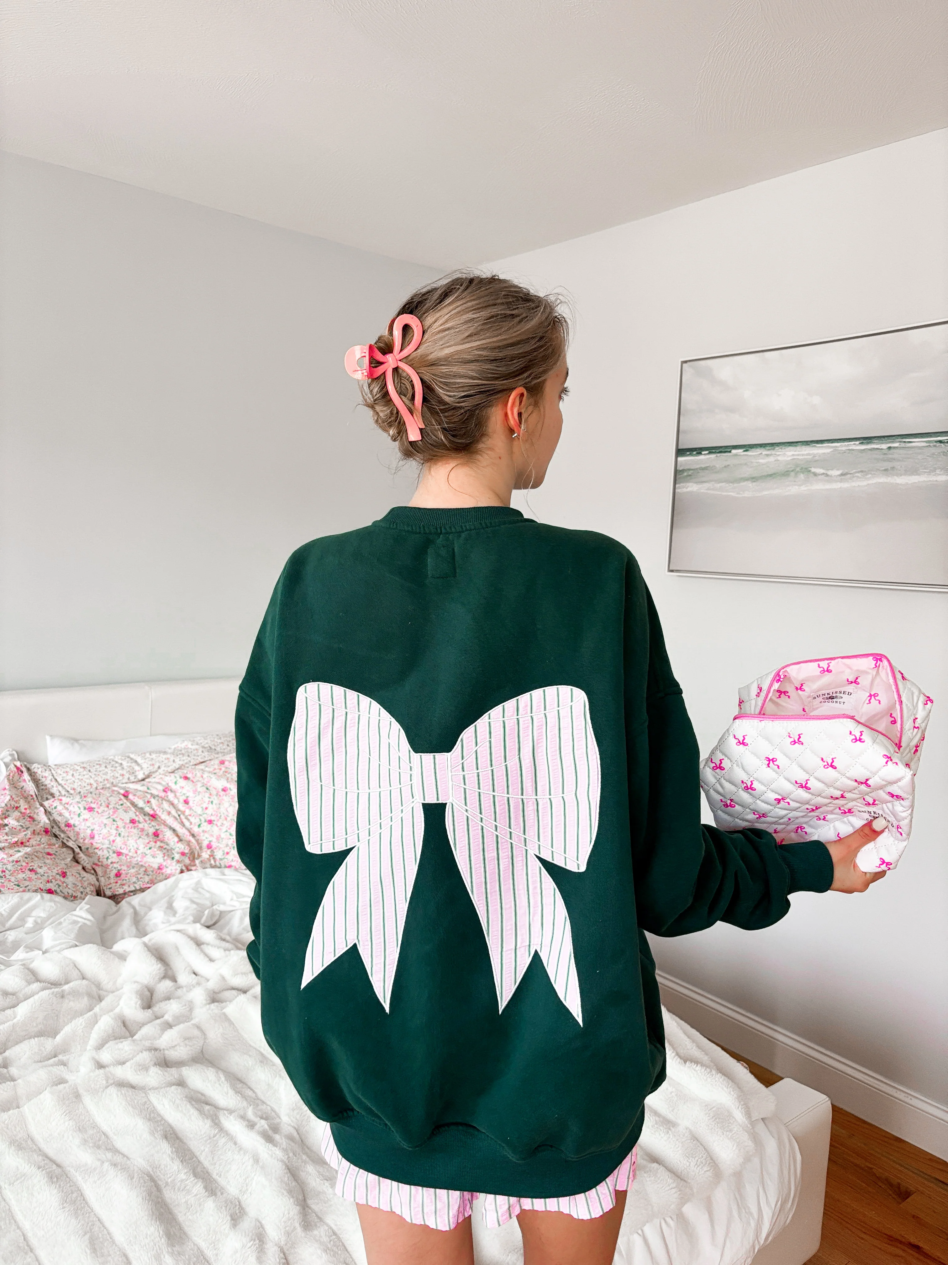 Winter Green Striped Bow Embroider Sweatshirt - Image 12