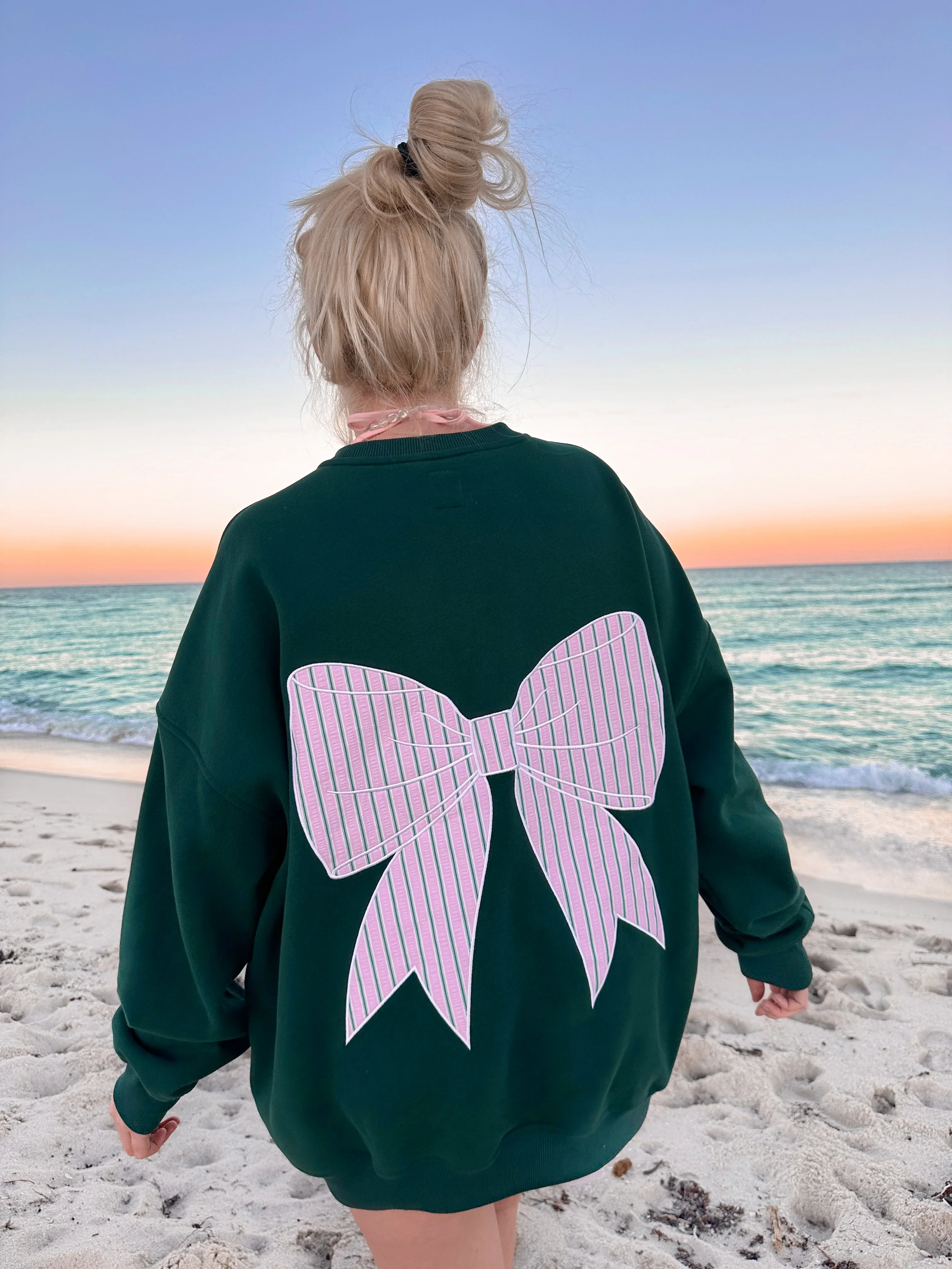 Winter Green Striped Bow Embroider Sweatshirt - Image 2