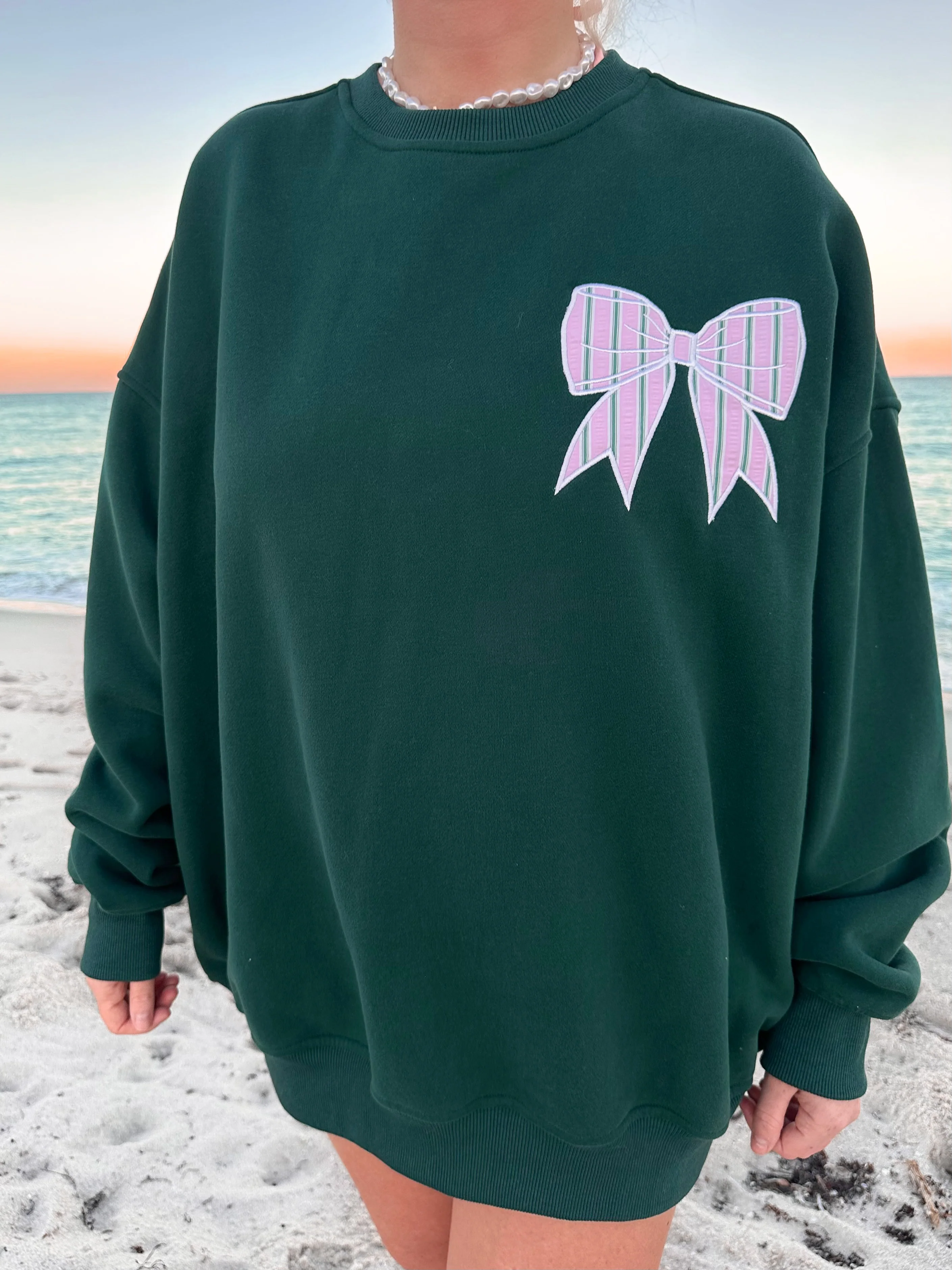 Winter Green Striped Bow Embroider Sweatshirt - Image 3