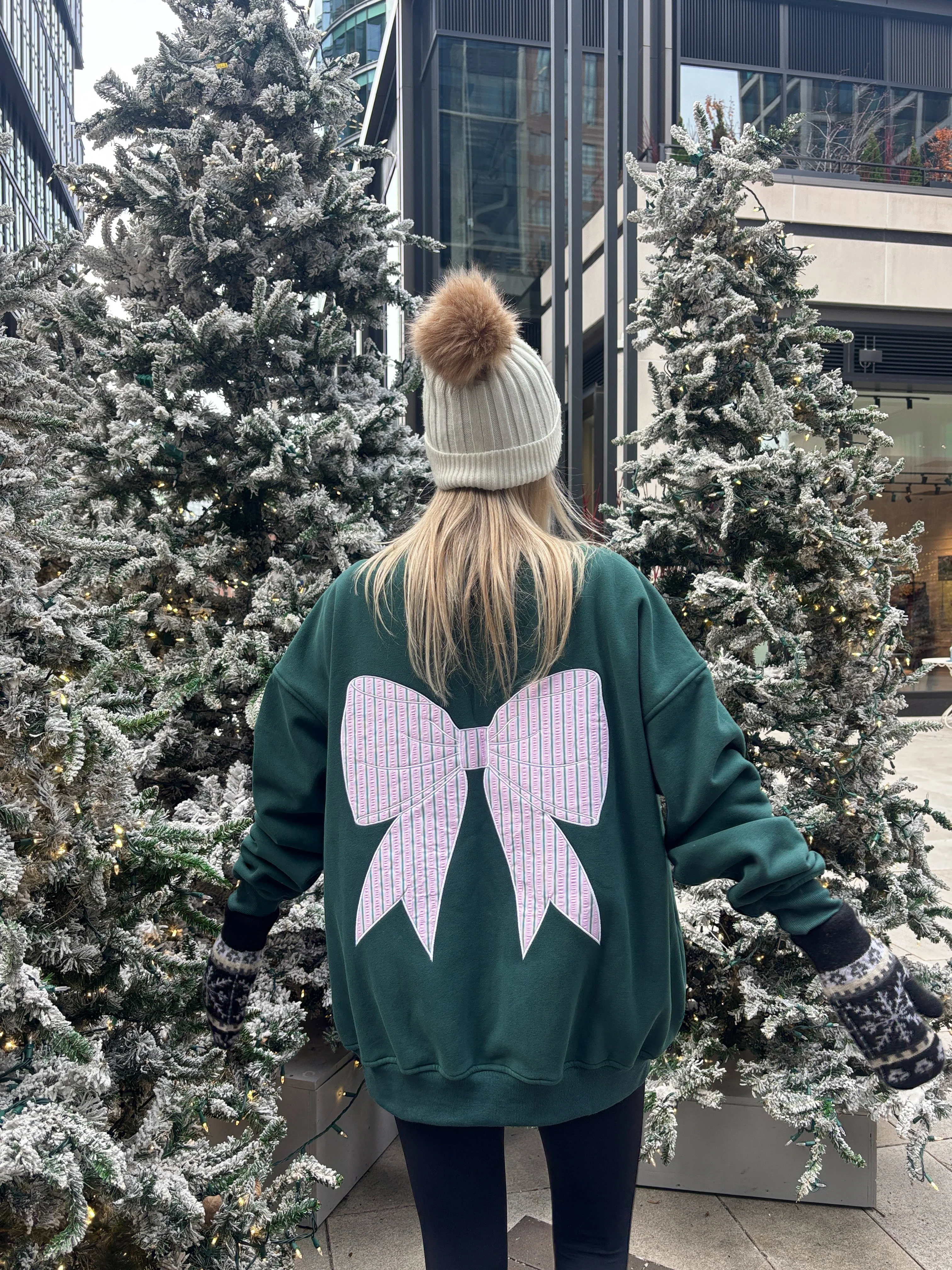 Winter Green Striped Bow Embroider Sweatshirt - Image 6
