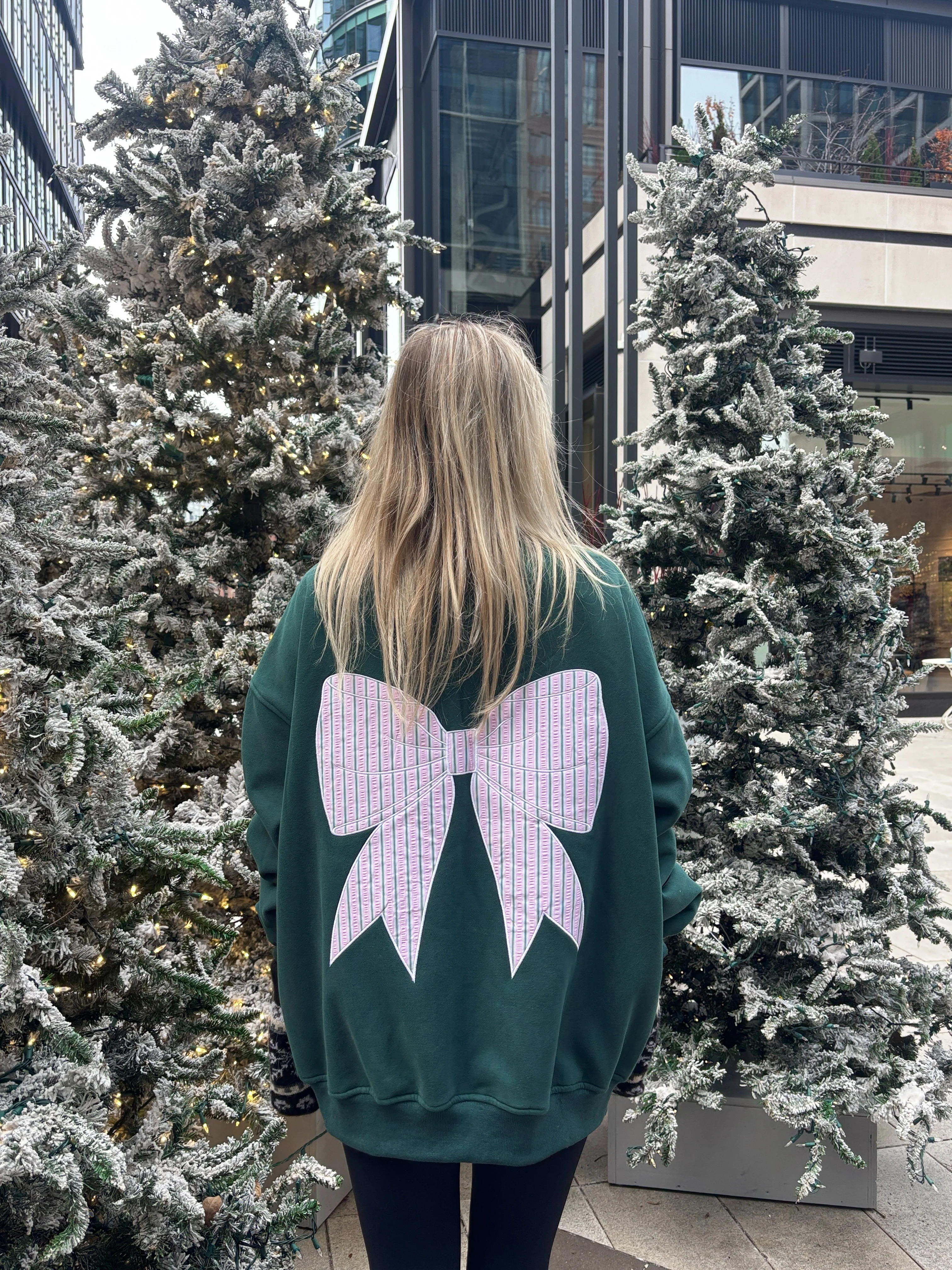 Winter Green Striped Bow Embroider Sweatshirt - Image 7