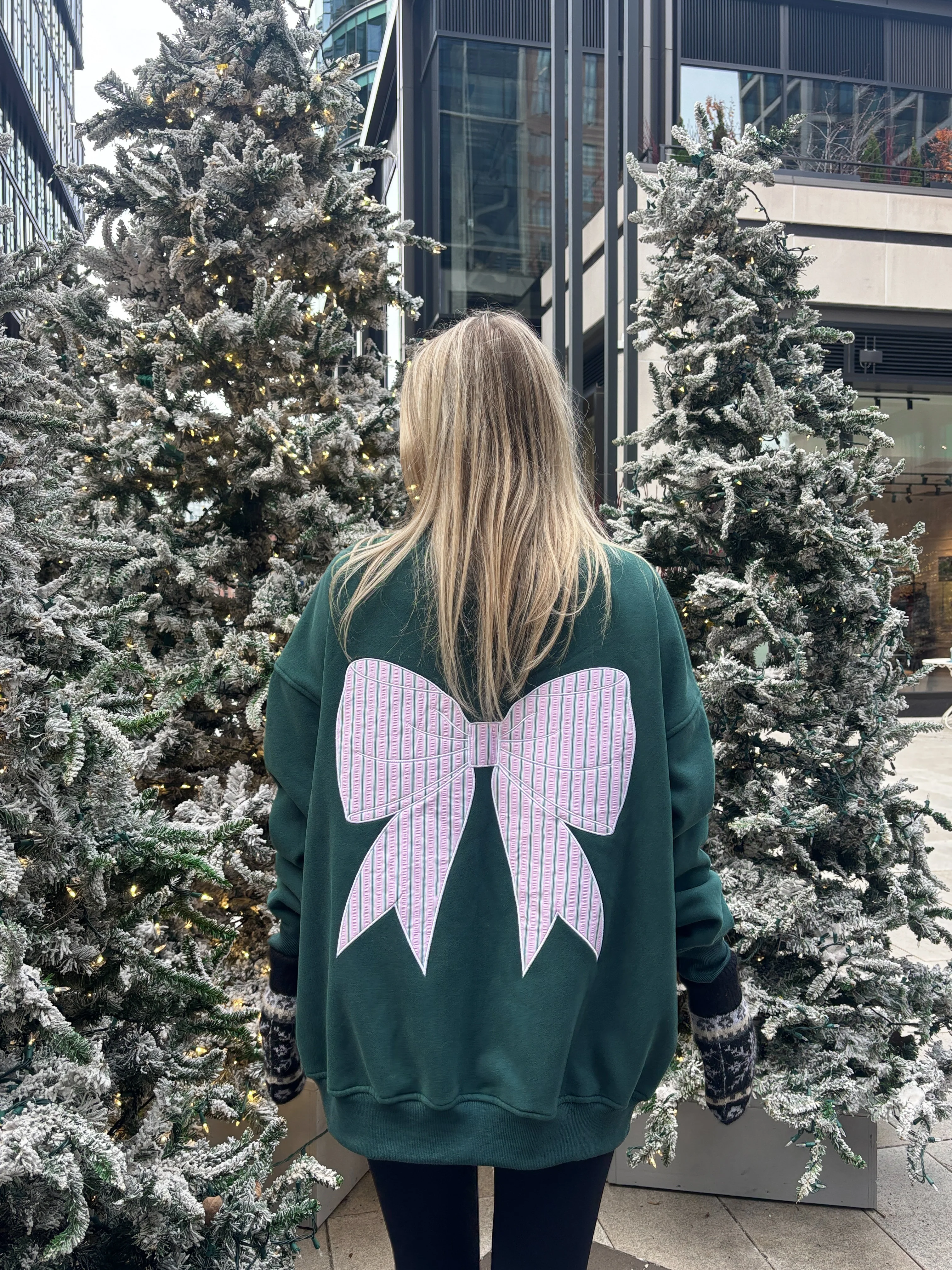 Winter Green Striped Bow Embroider Sweatshirt - Image 8