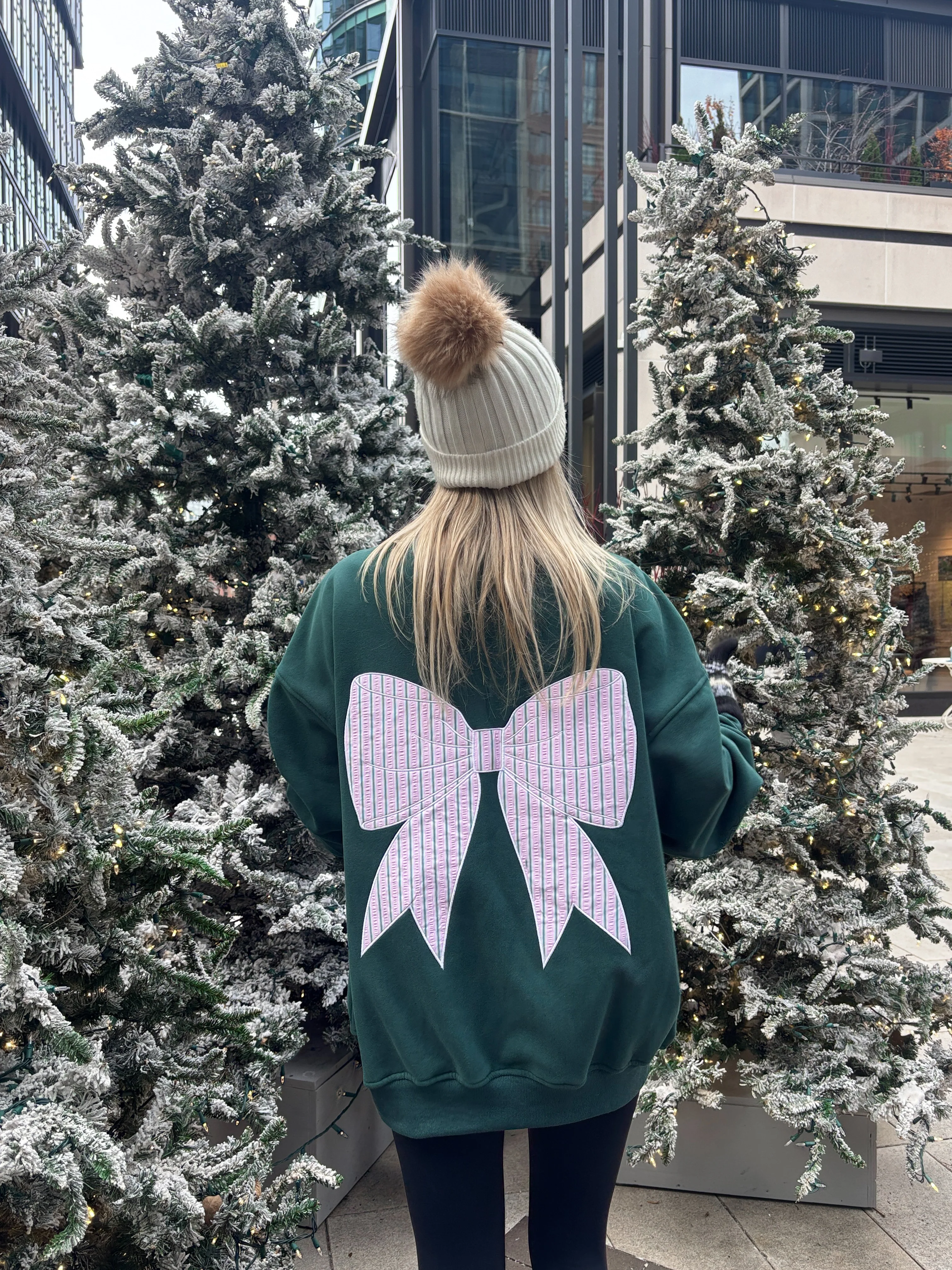 Winter Green Striped Bow Embroider Sweatshirt - Image 9