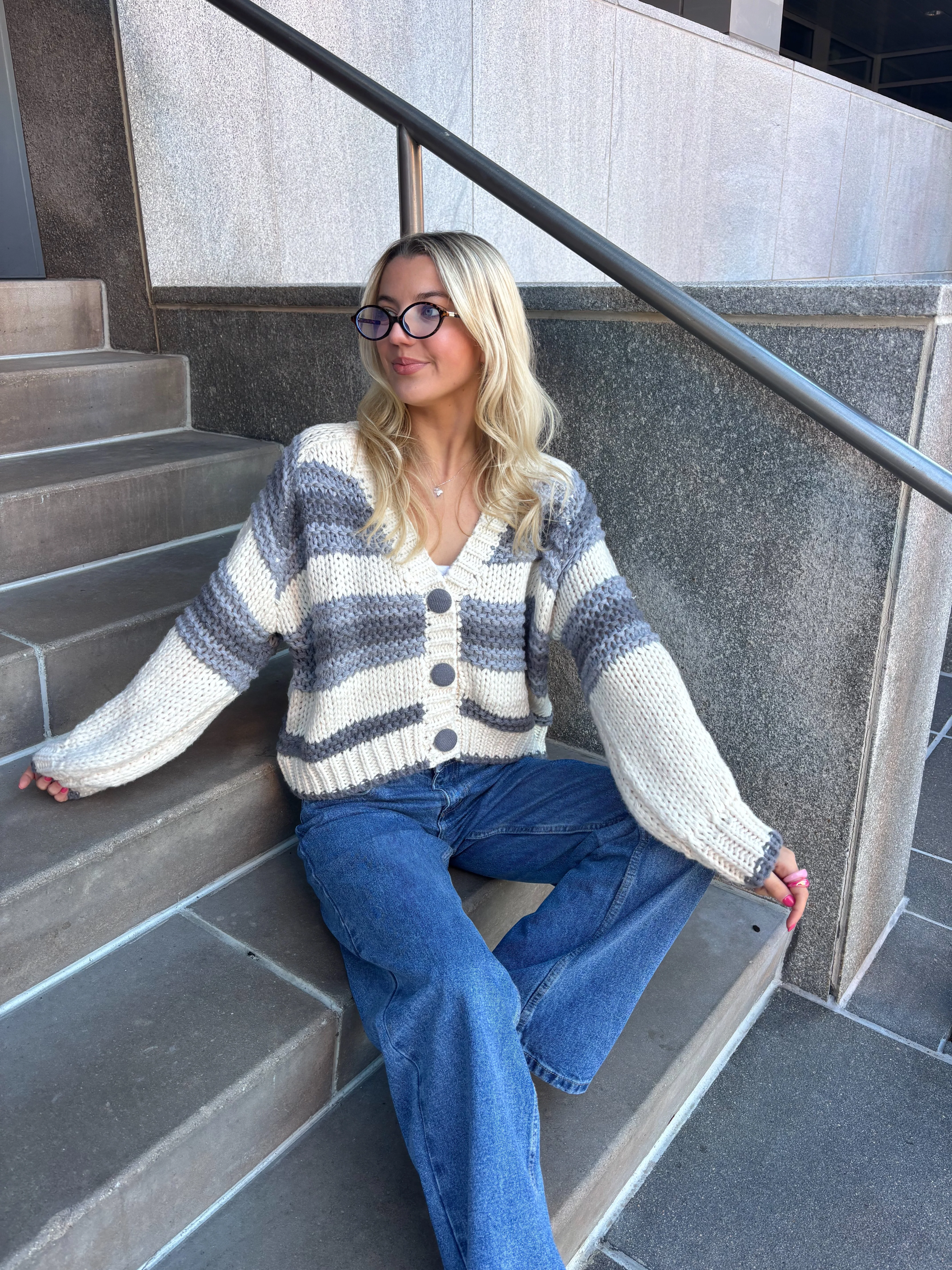Chunky Blue Button Up Cardigan Sweater - Image 2