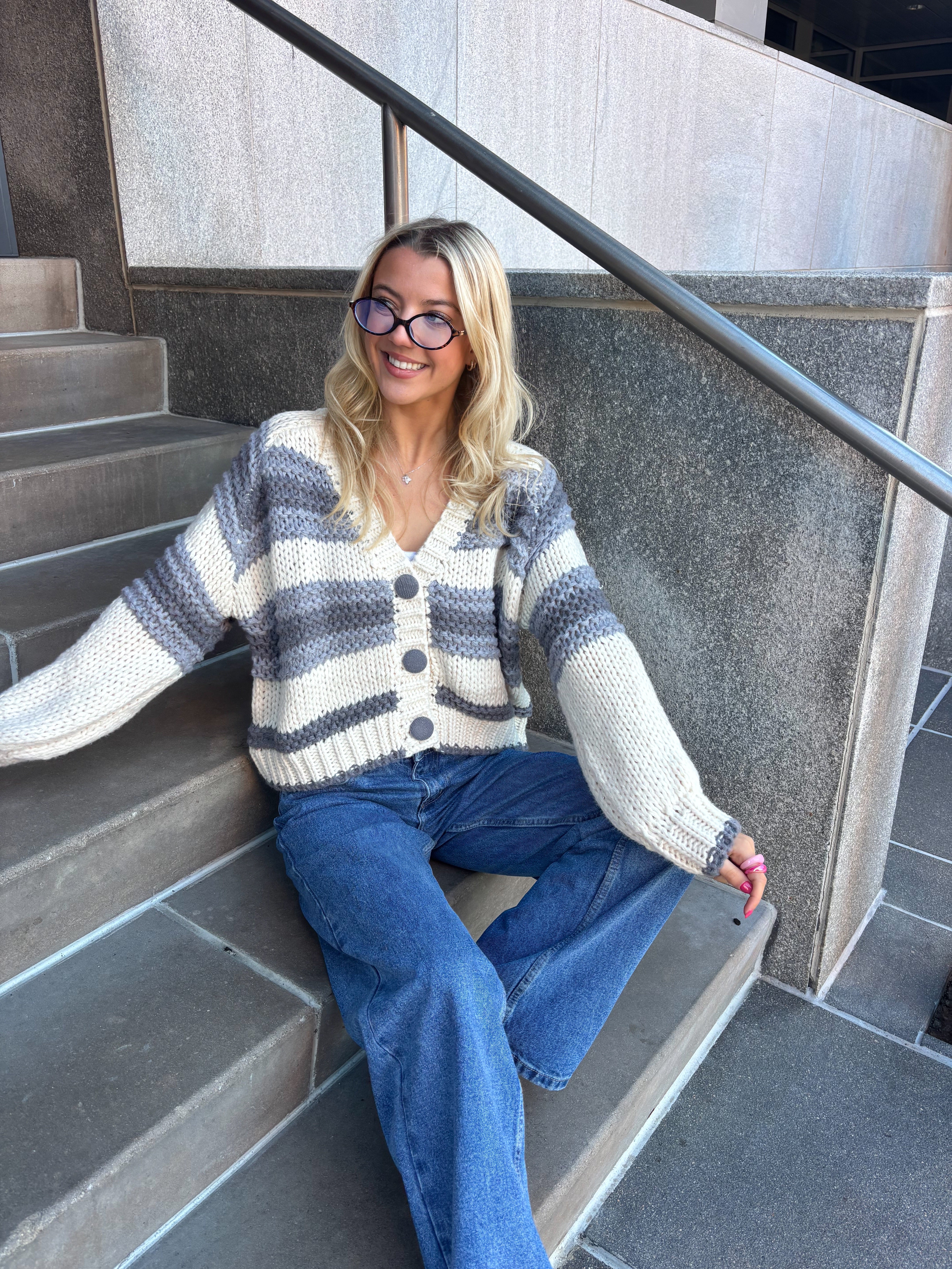 Chunky Blue Button Up Cardigan Sweater - Image 3