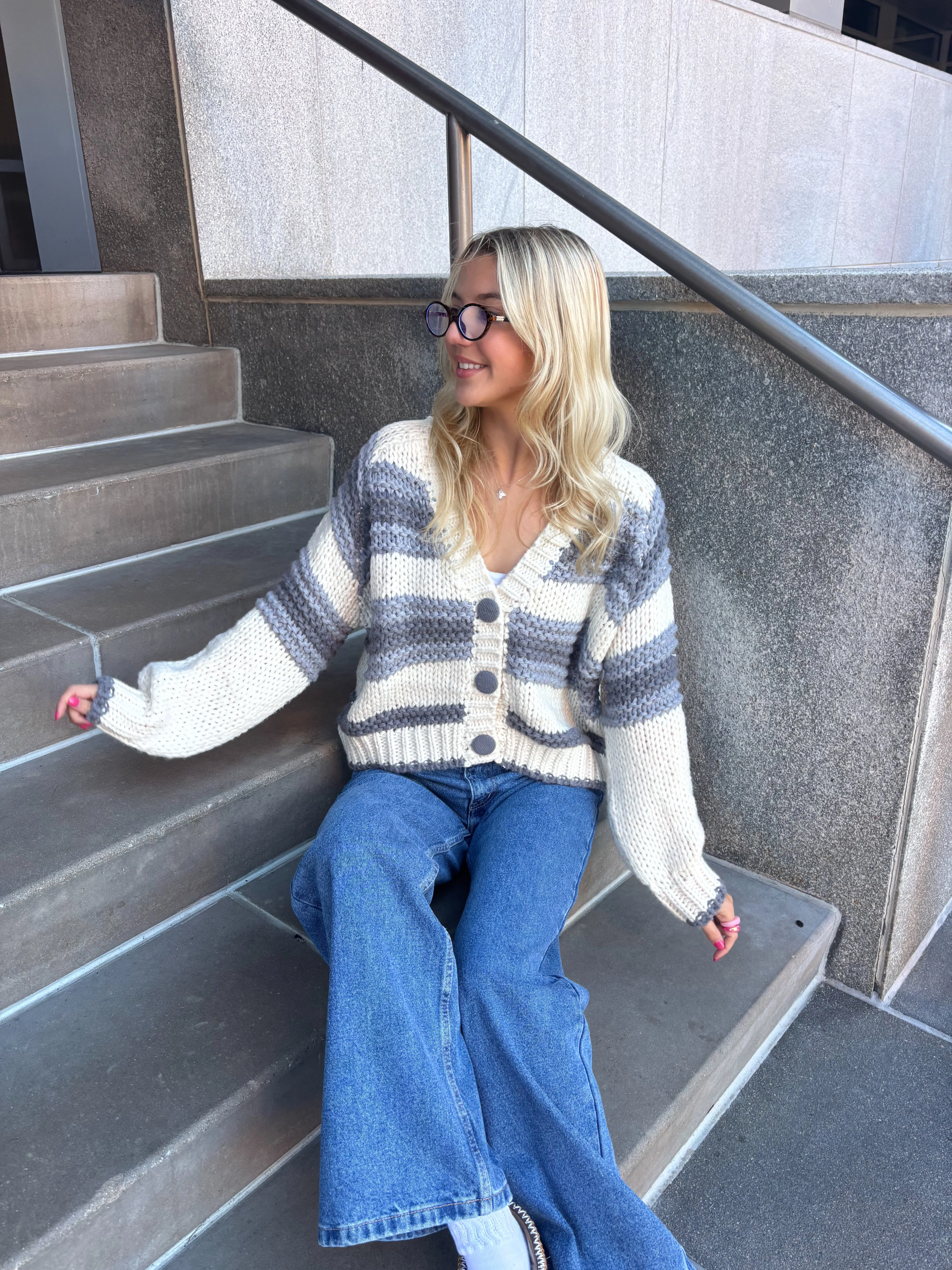 Chunky Blue Button Up Cardigan Sweater - Image 4