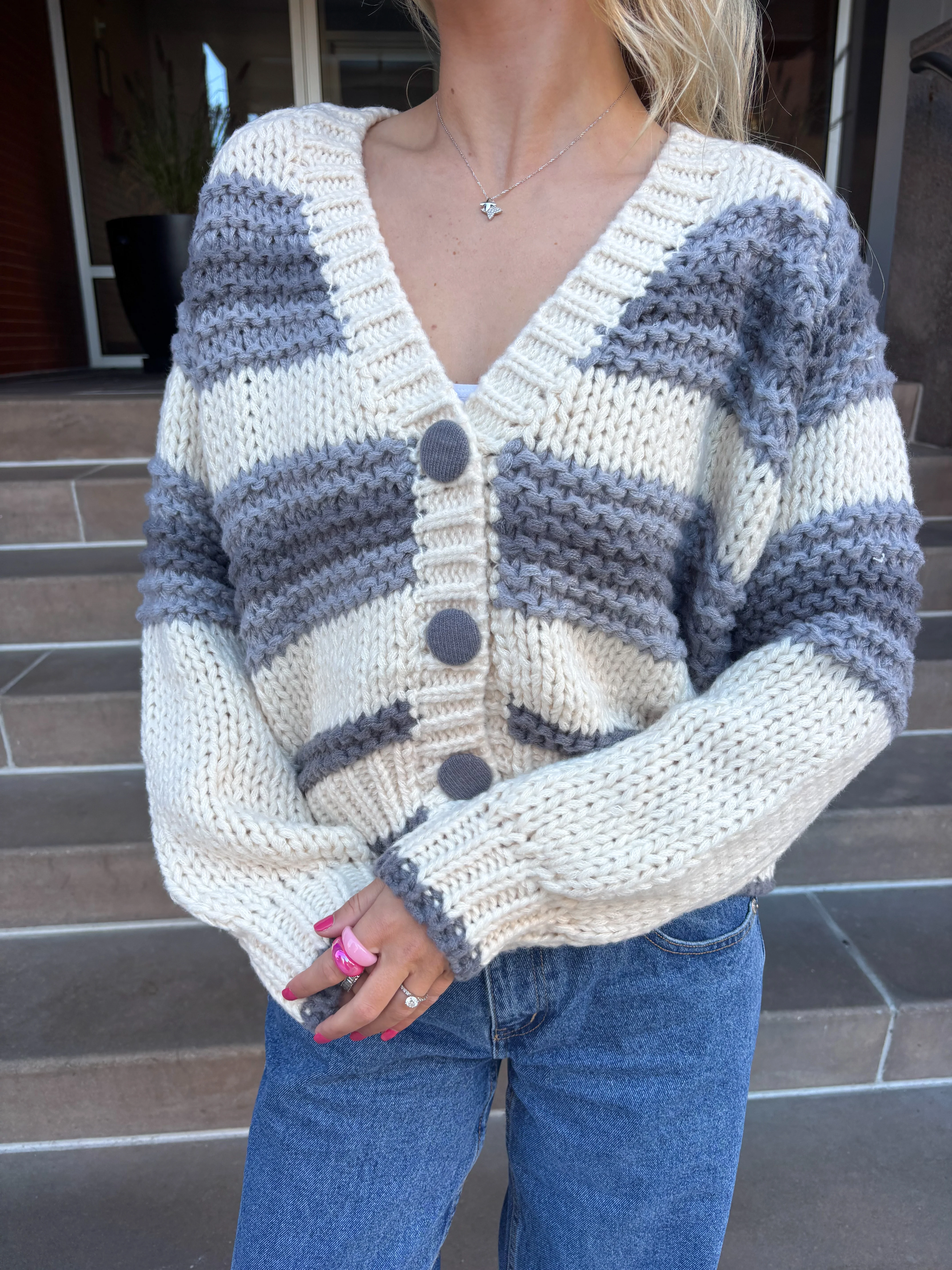 Chunky Blue Button Up Cardigan Sweater - Image 5