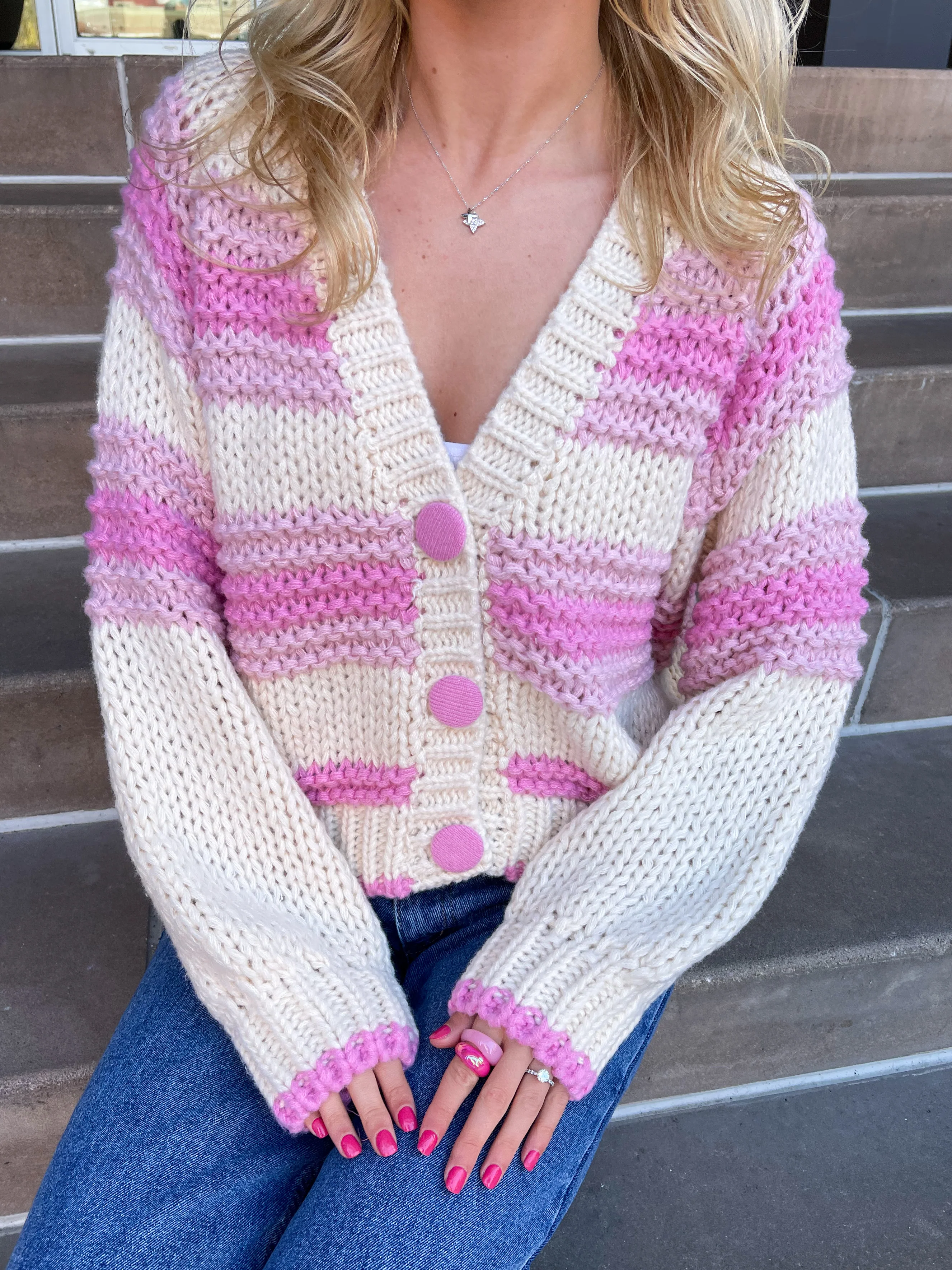 Chunky Pink Button Up Cardigan Sweater - Image 10