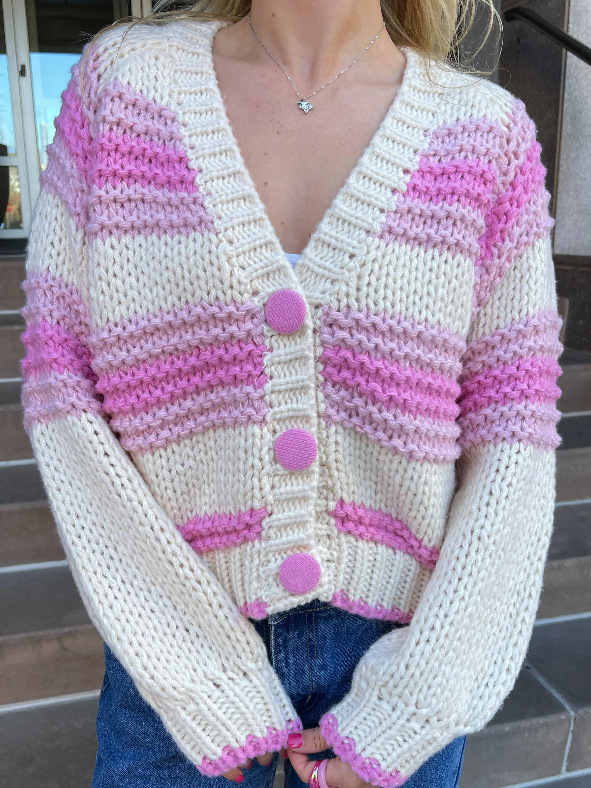 Chunky Pink Button Up Cardigan Sweater - Image 11