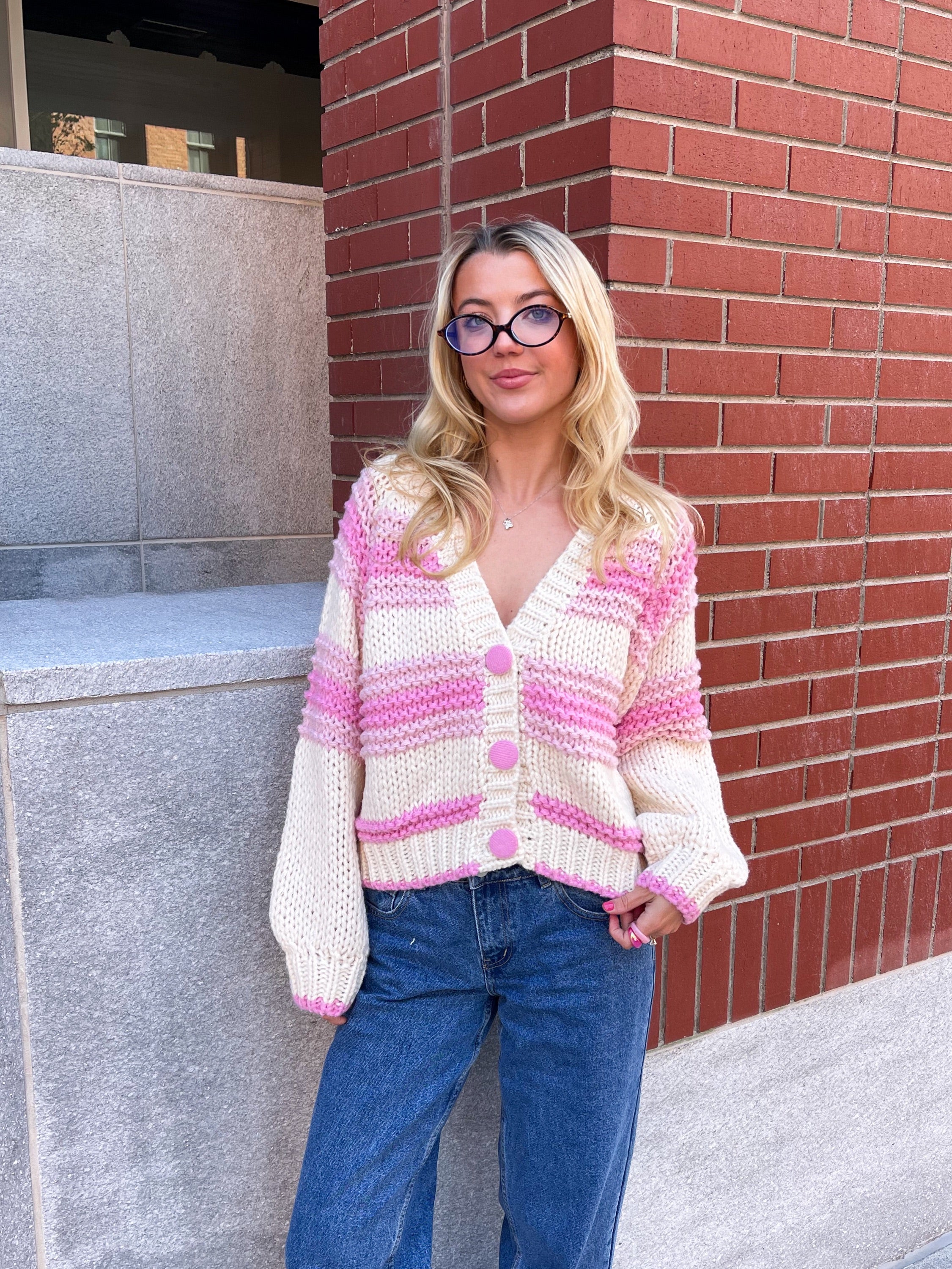 Chunky Pink Button Up Cardigan Sweater - Image 2