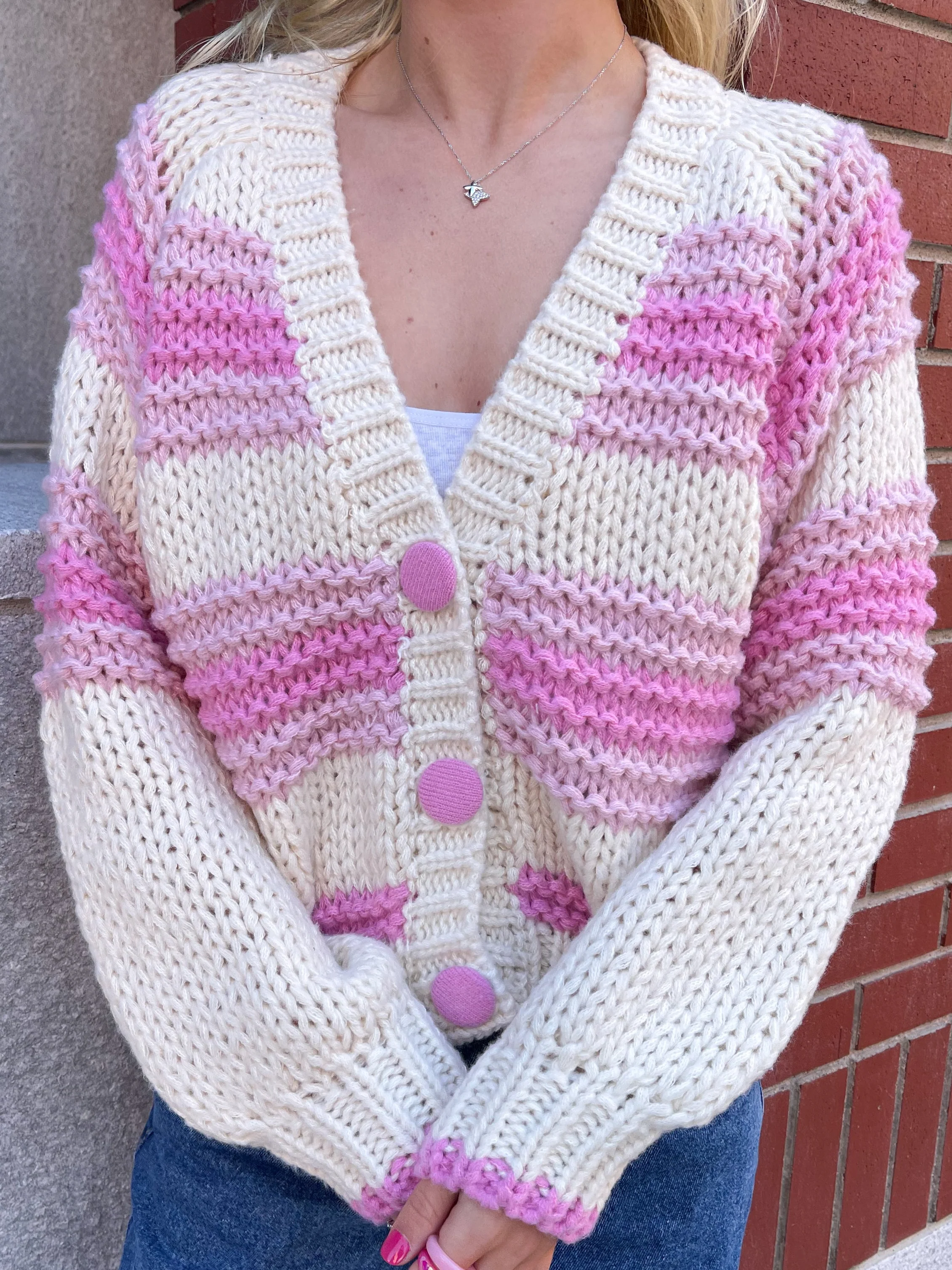 Chunky Pink Button Up Cardigan Sweater - Image 3