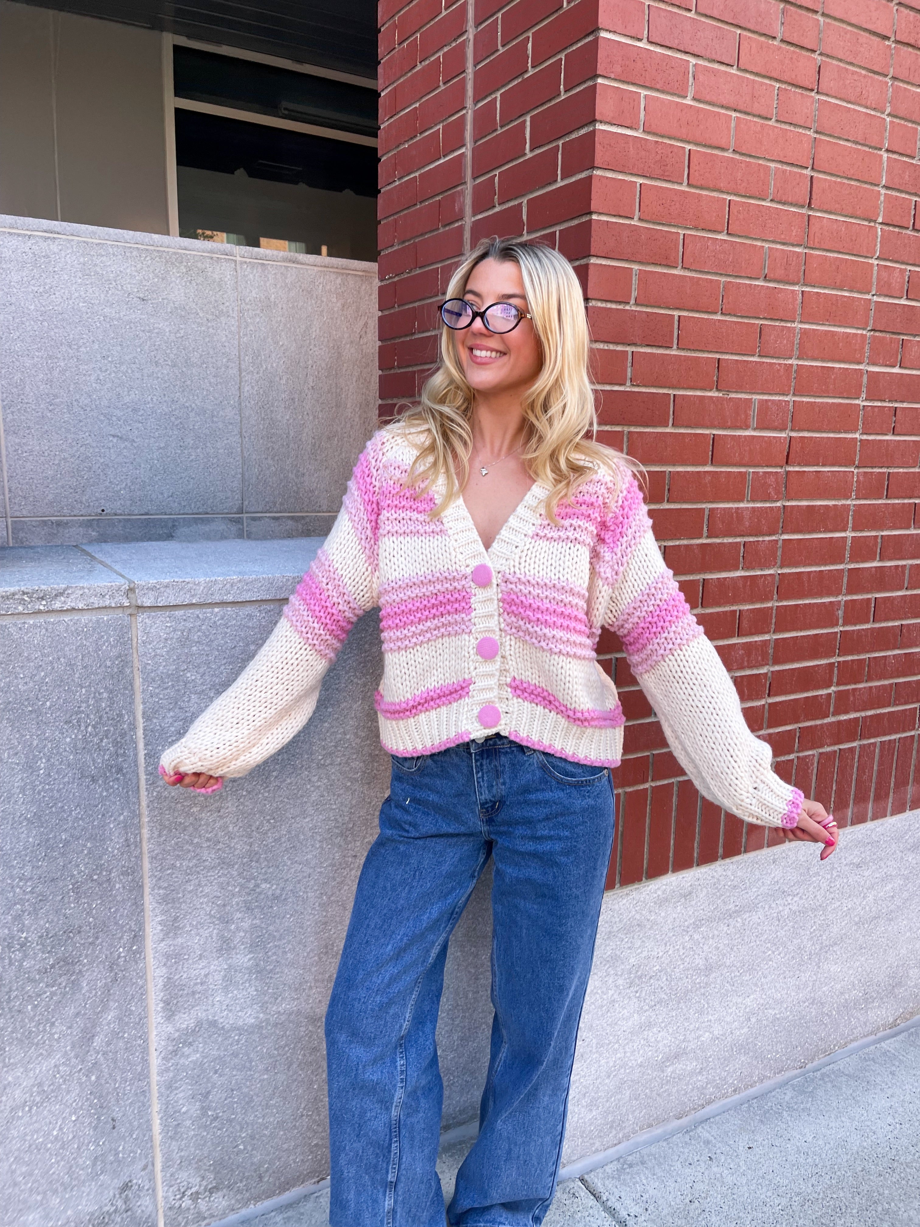 Chunky Pink Button Up Cardigan Sweater - Image 4