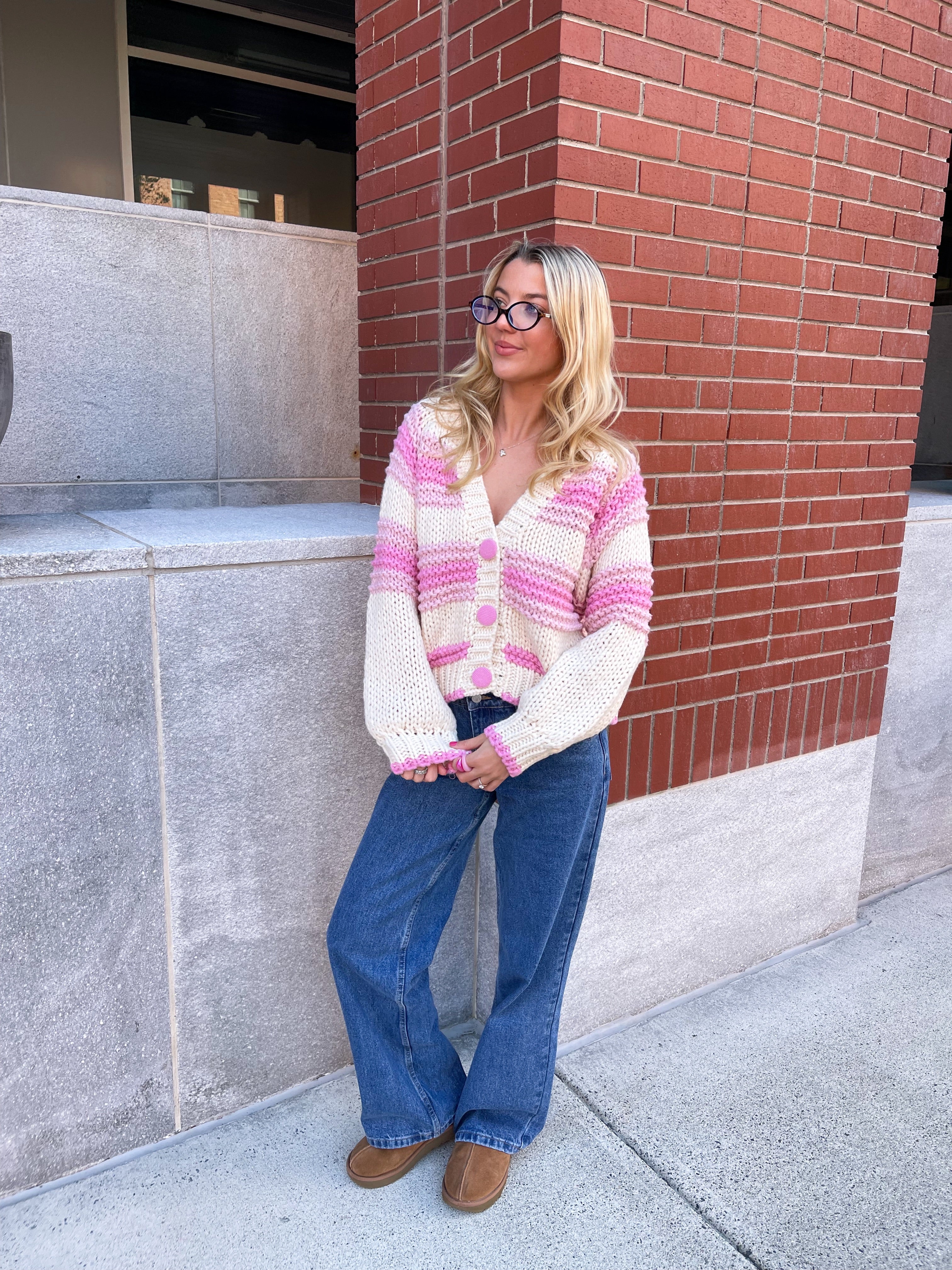 Chunky Pink Button Up Cardigan Sweater - Image 5