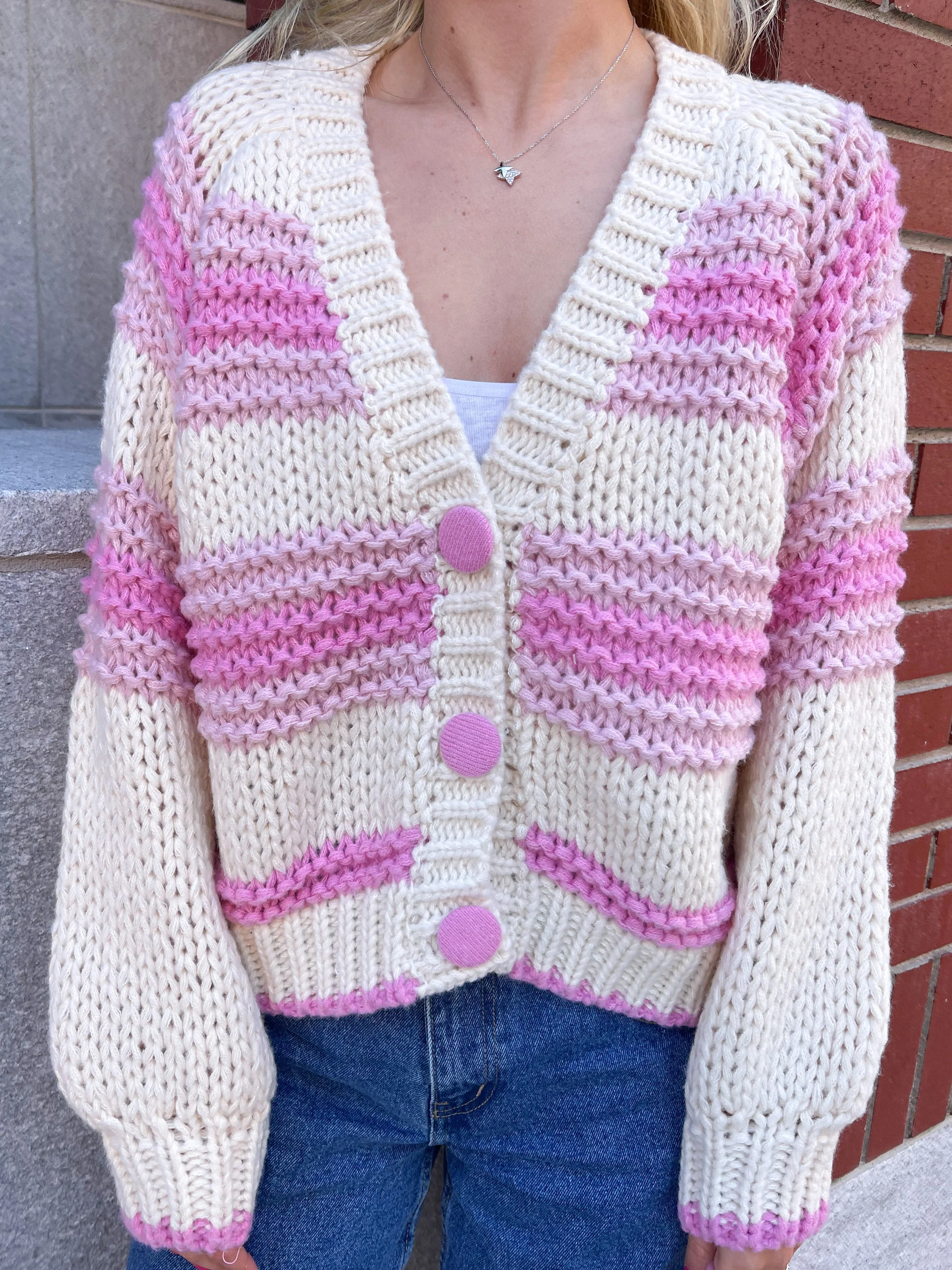 Chunky Pink Button Up Cardigan Sweater - Image 6