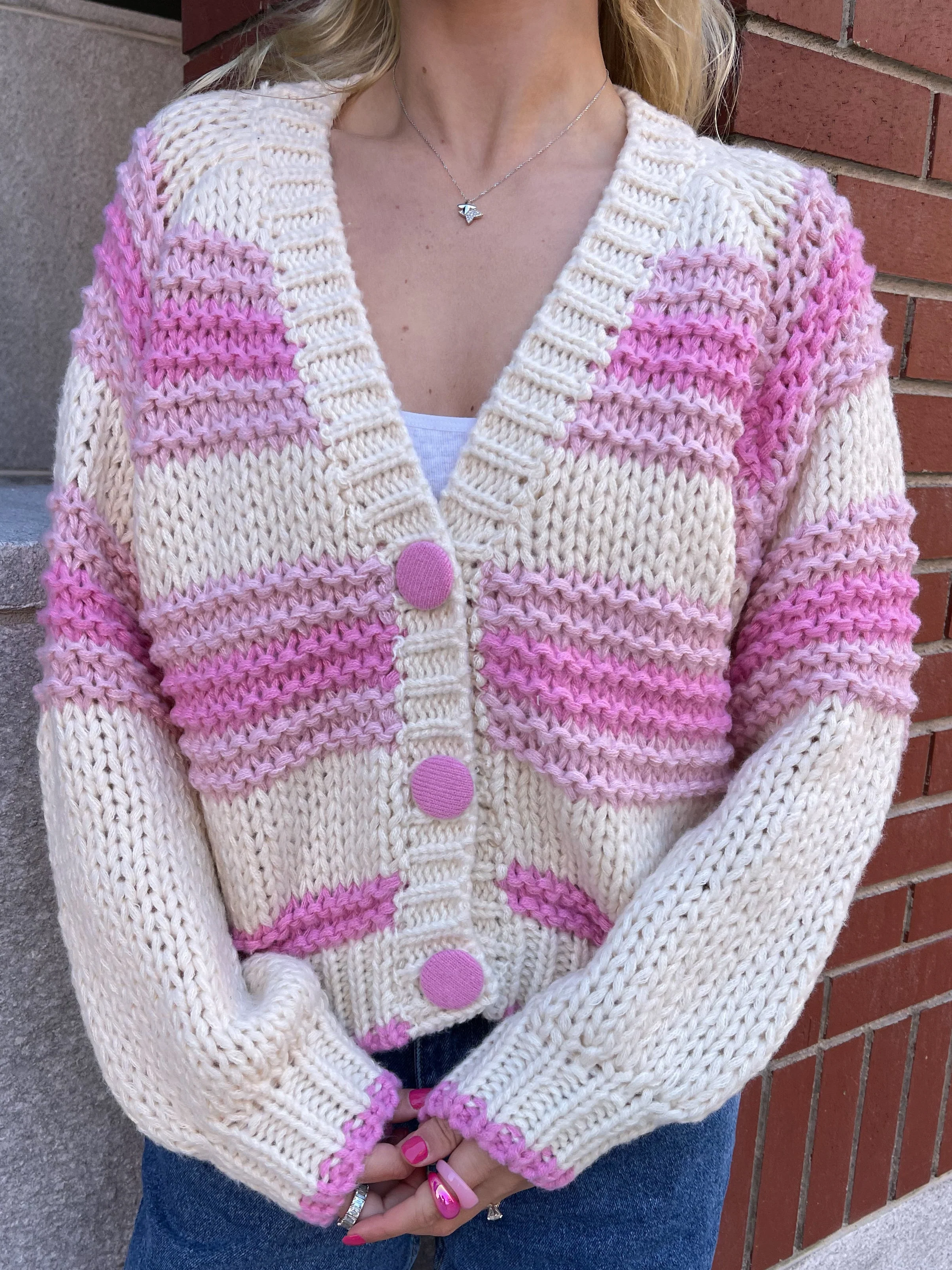 Chunky Pink Button Up Cardigan Sweater - Image 7