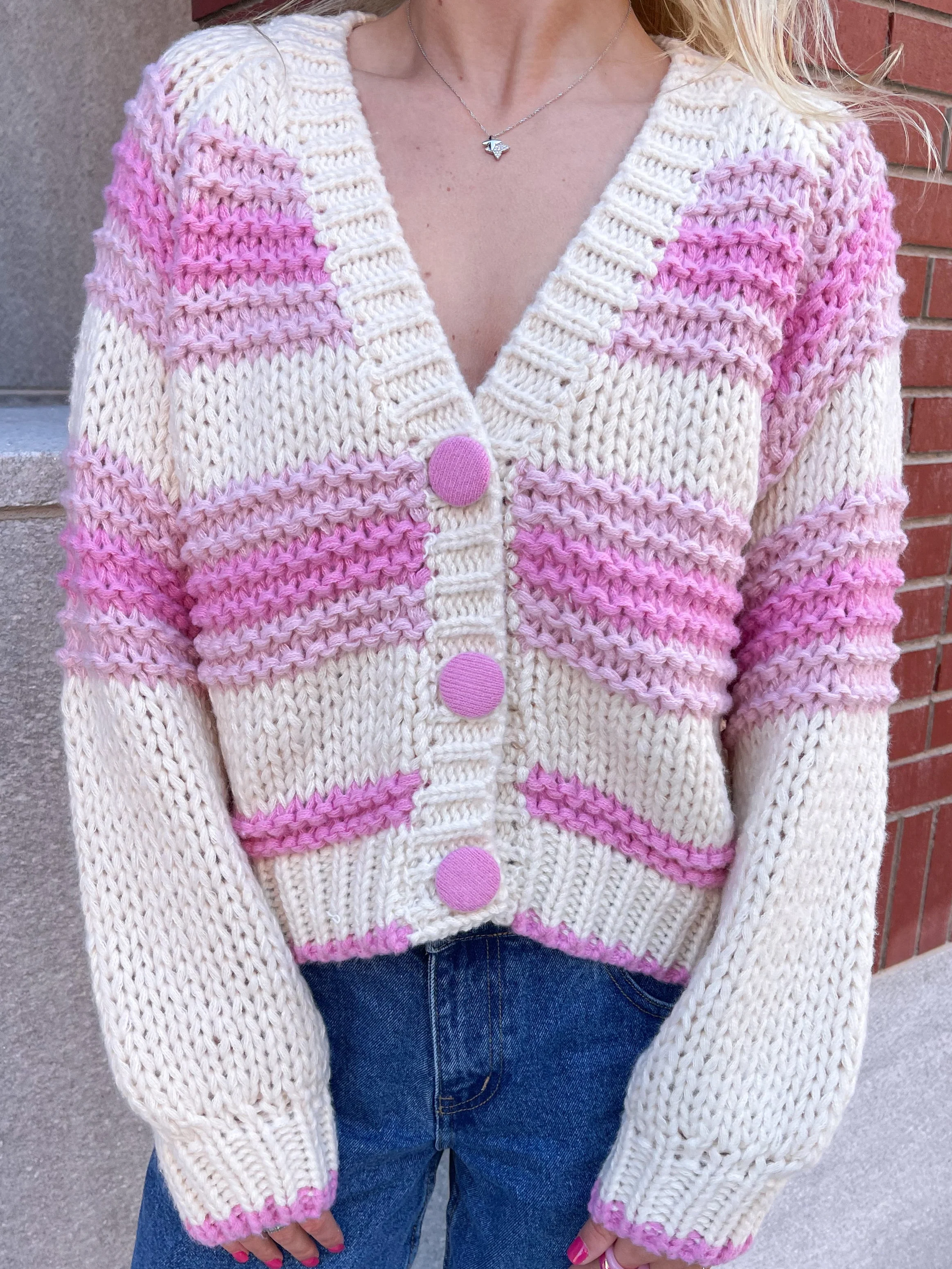 Chunky Pink Button Up Cardigan Sweater - Image 8