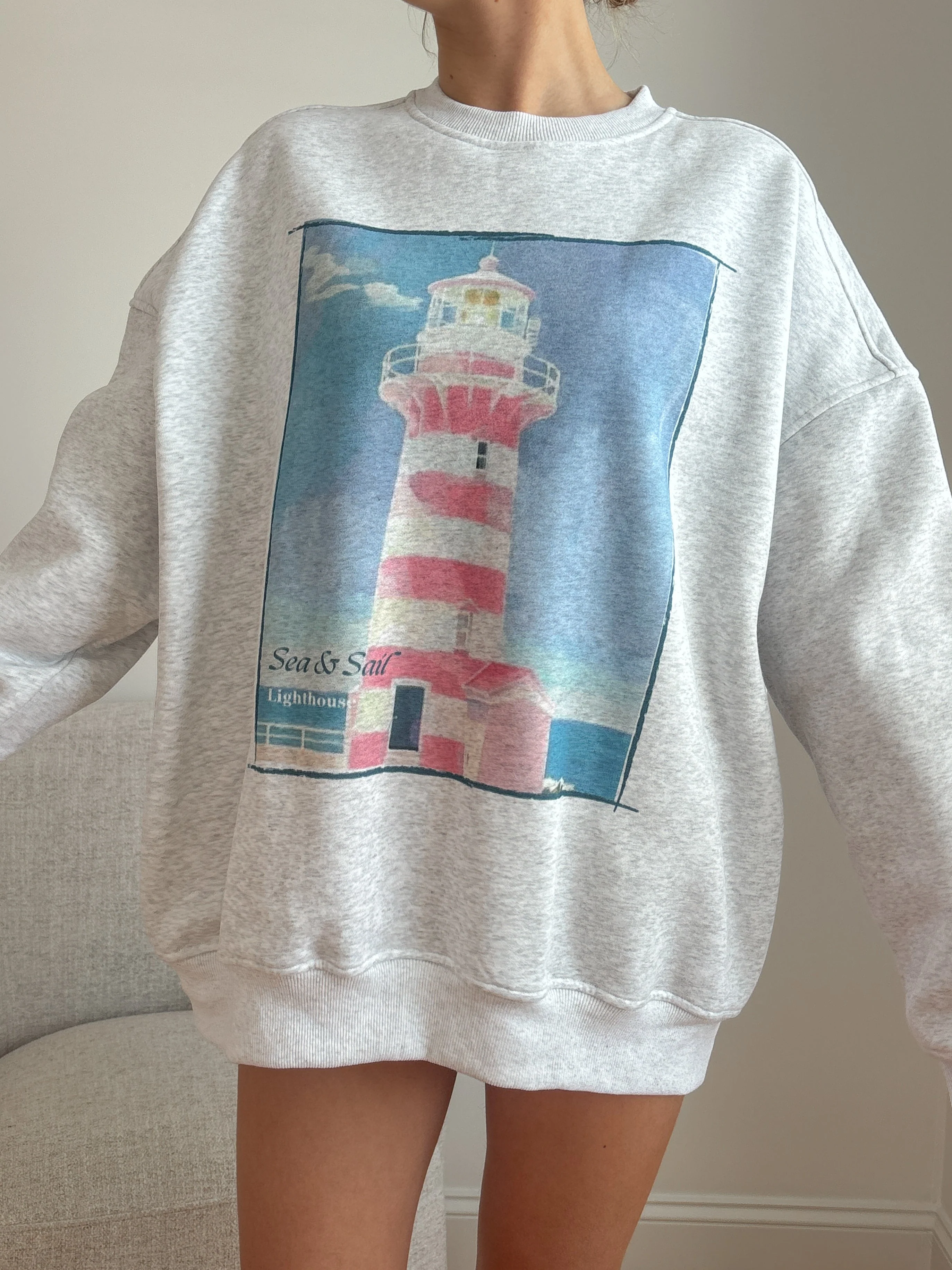 Pearl Grey Coastal Lighthouse Printed Sweatshirt - Image 3