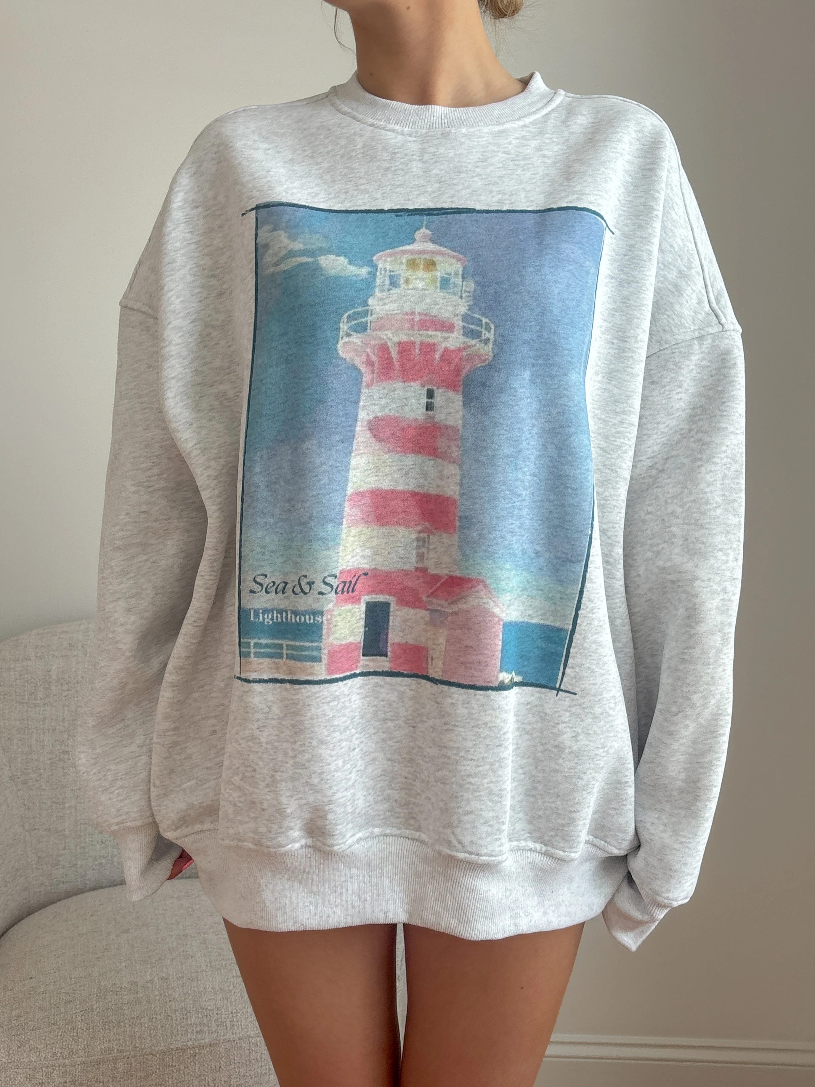 Pearl Grey Coastal Lighthouse Printed Sweatshirt - Image 4