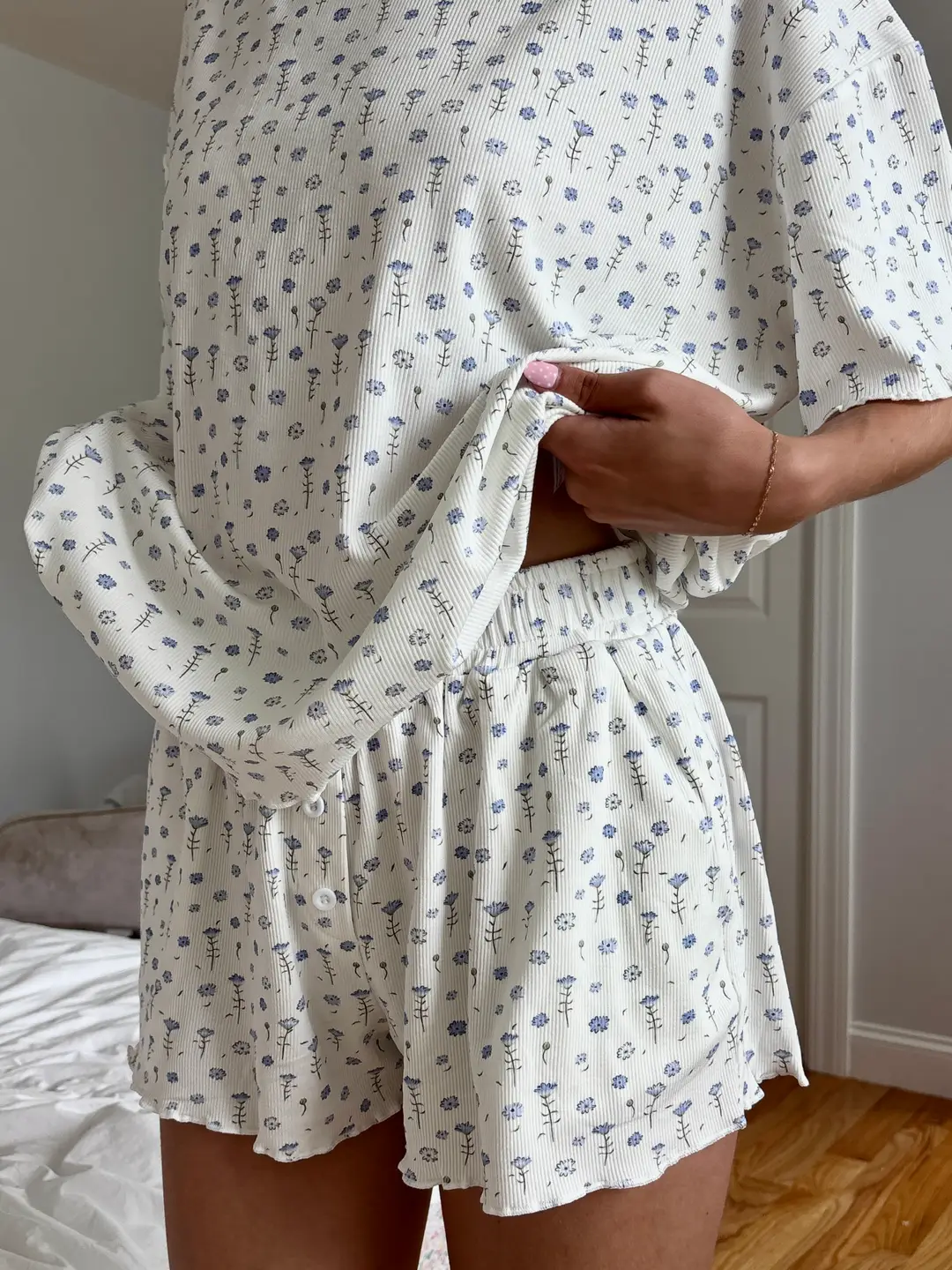 White Ditsy Blue Floral Pajama Shorts