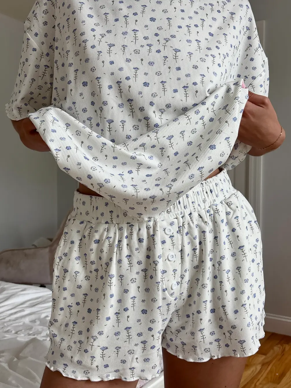 White Ditsy Blue Floral Pajama Shorts - Image 2