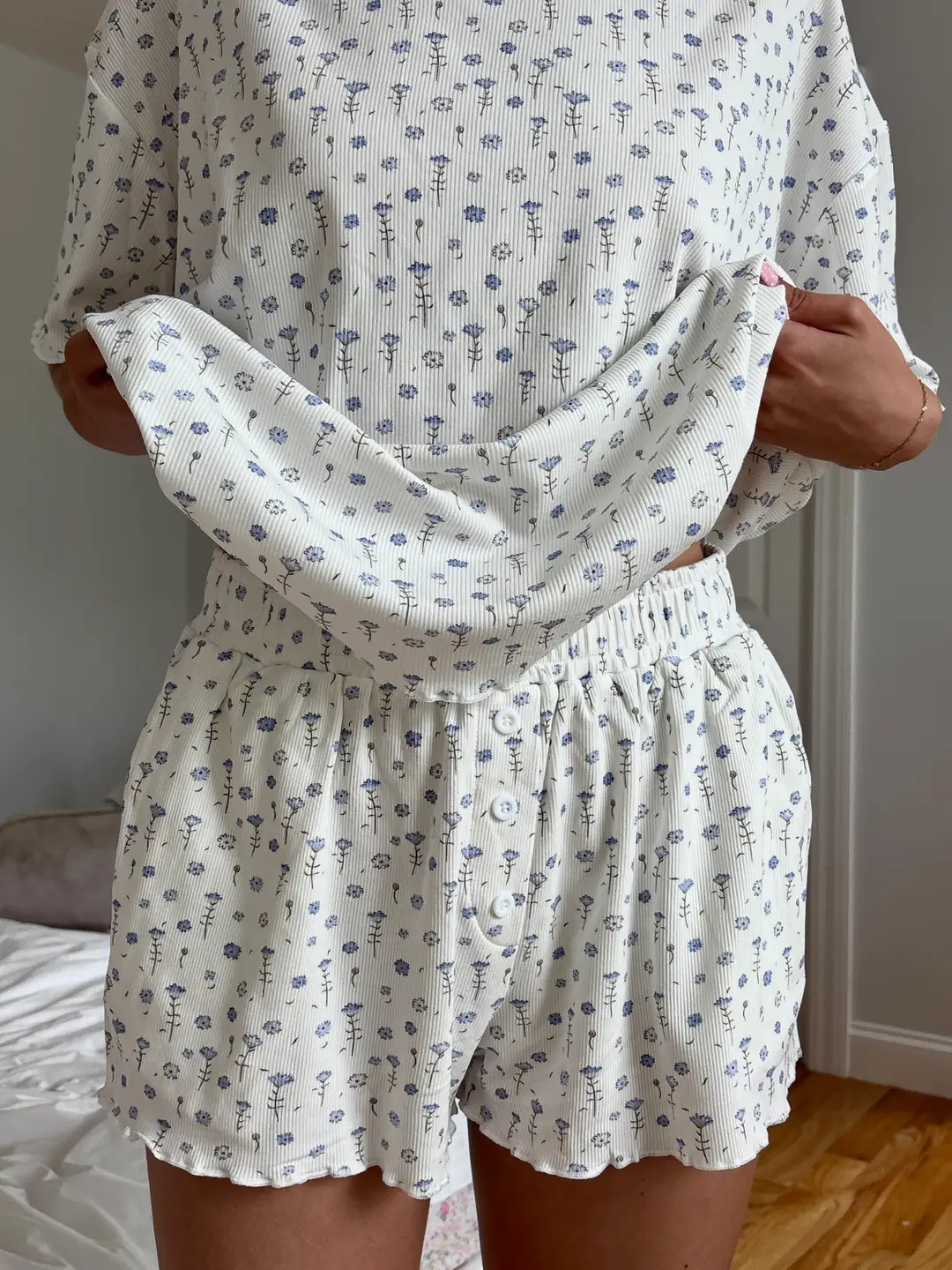 White Ditsy Blue Floral Pajama Shorts - Image 3