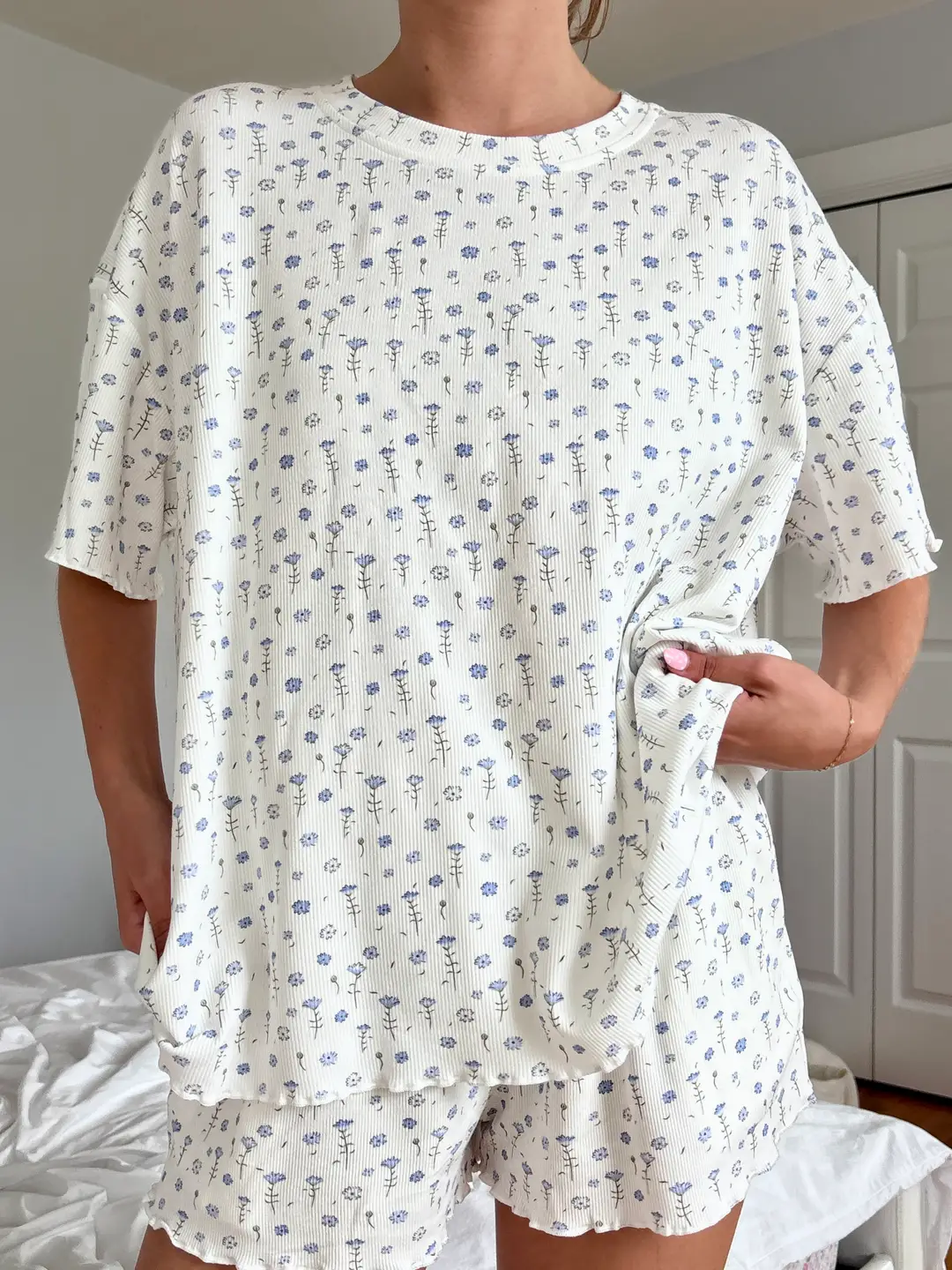 White Ditsy Blue Floral Pajama Shorts - Image 4