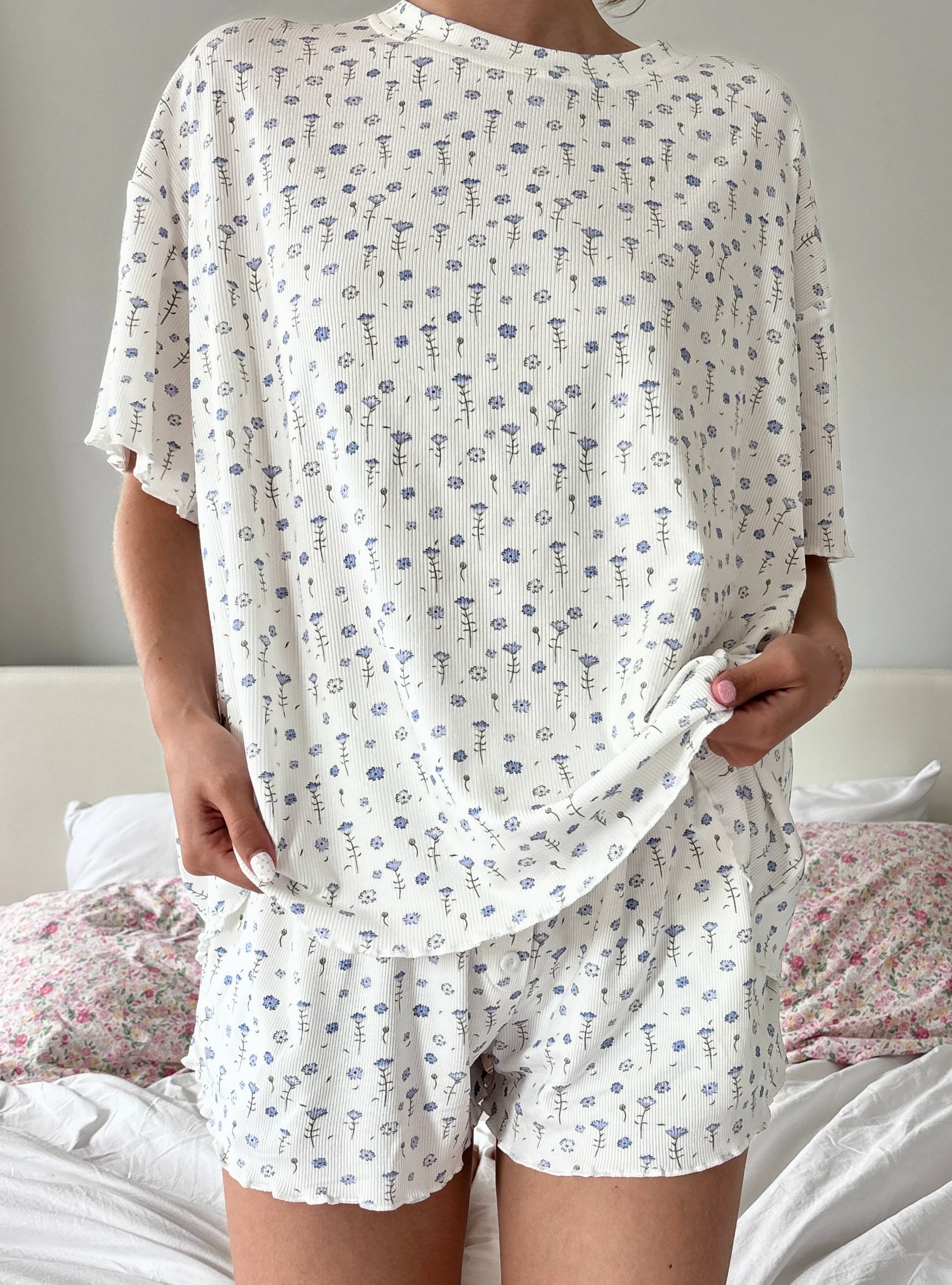 White Ditsy Blue Floral Short Sleeve Pajama Top - Image 10