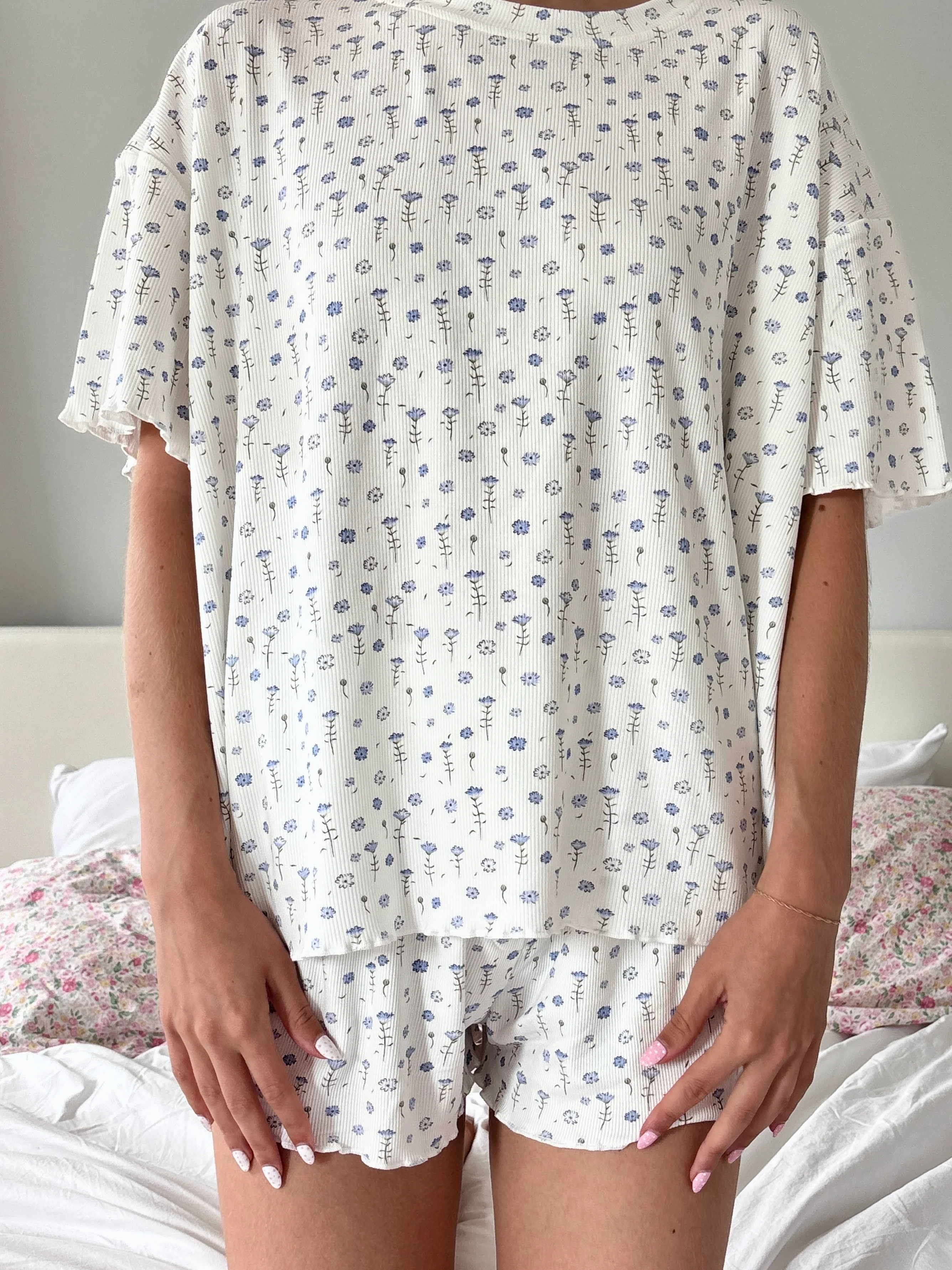 White Ditsy Blue Floral Short Sleeve Pajama Top - Image 3