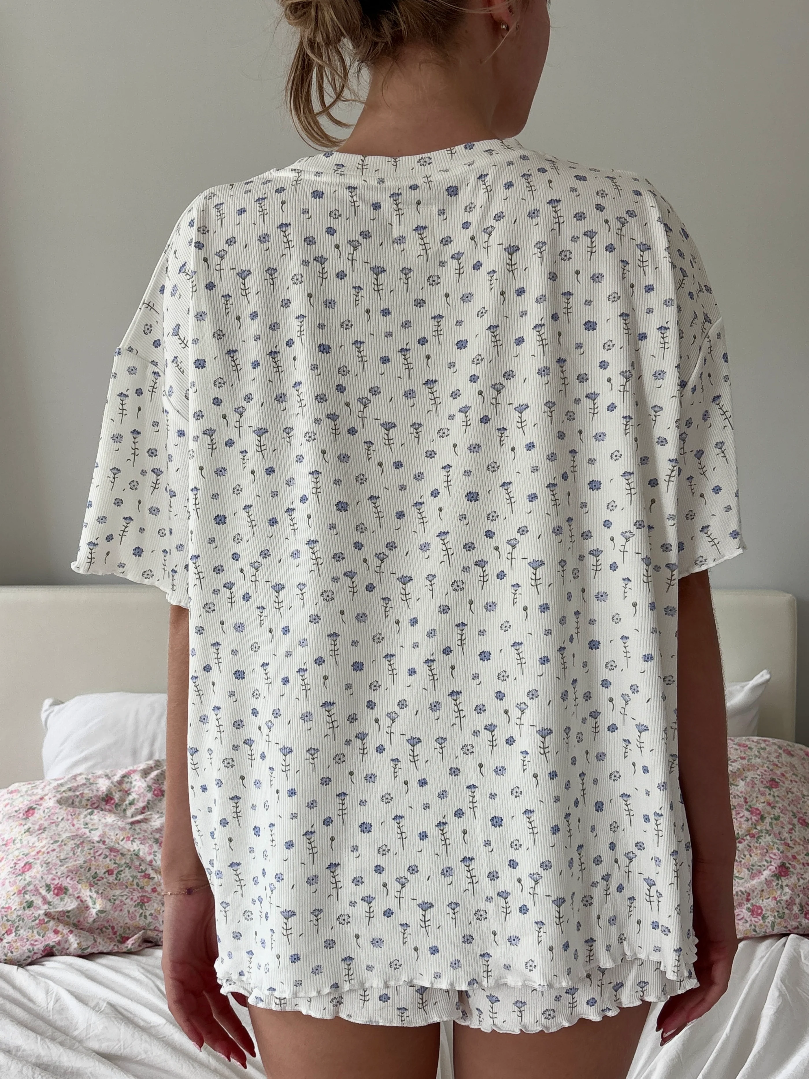 White Ditsy Blue Floral Short Sleeve Pajama Top - Image 9