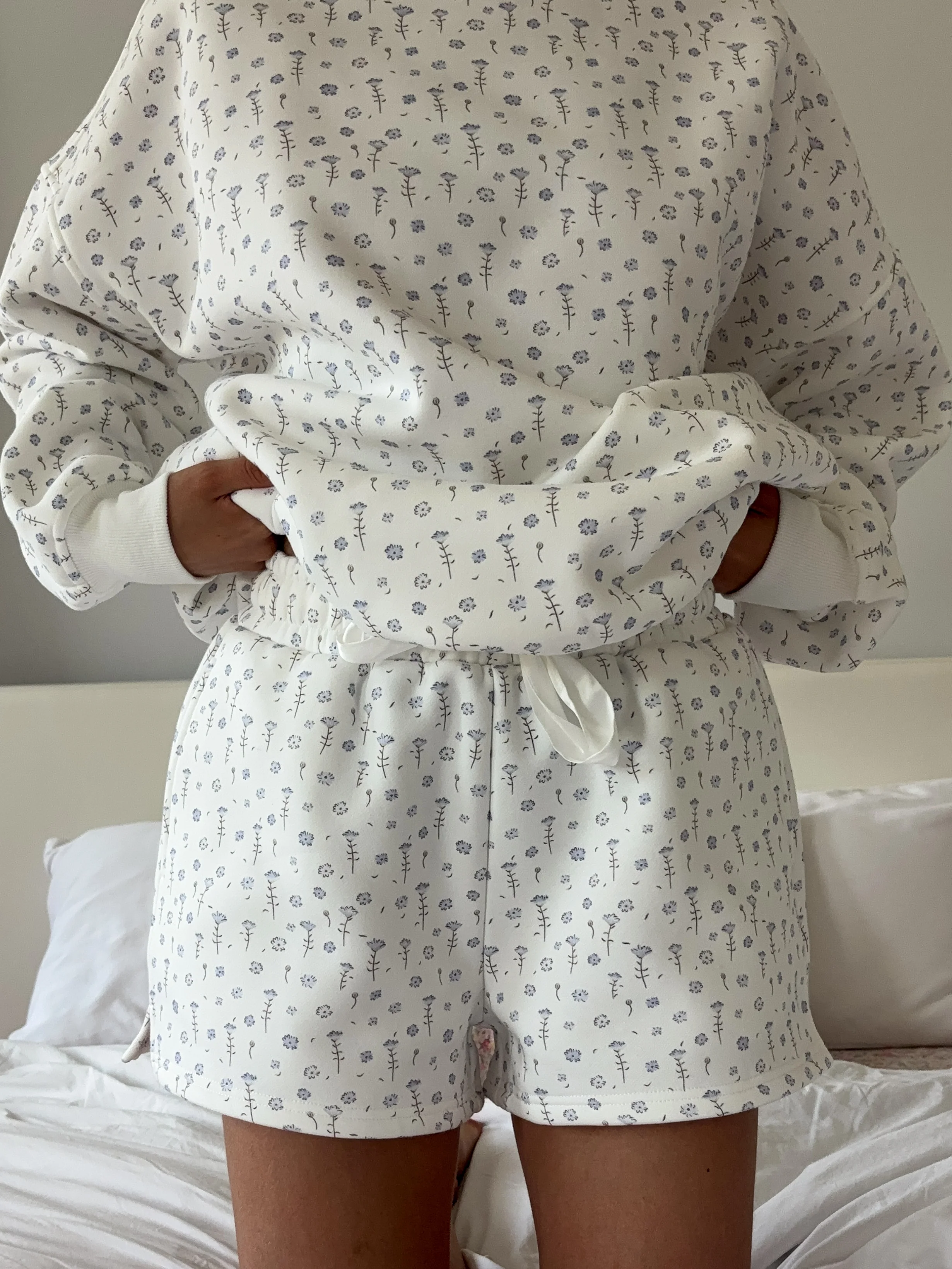 White Ditsy Blue Floral Sweat Shorts - Image 2