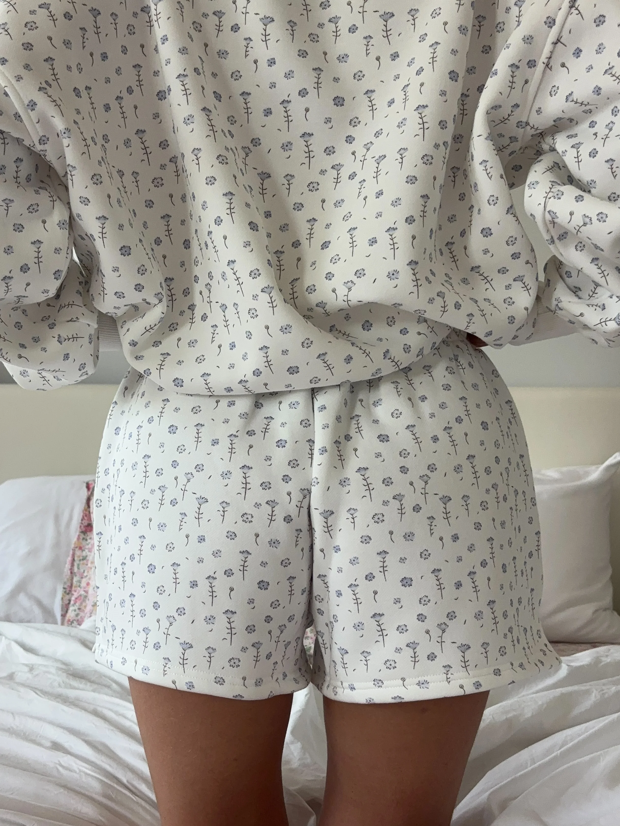 White Ditsy Blue Floral Sweat Shorts - Image 5