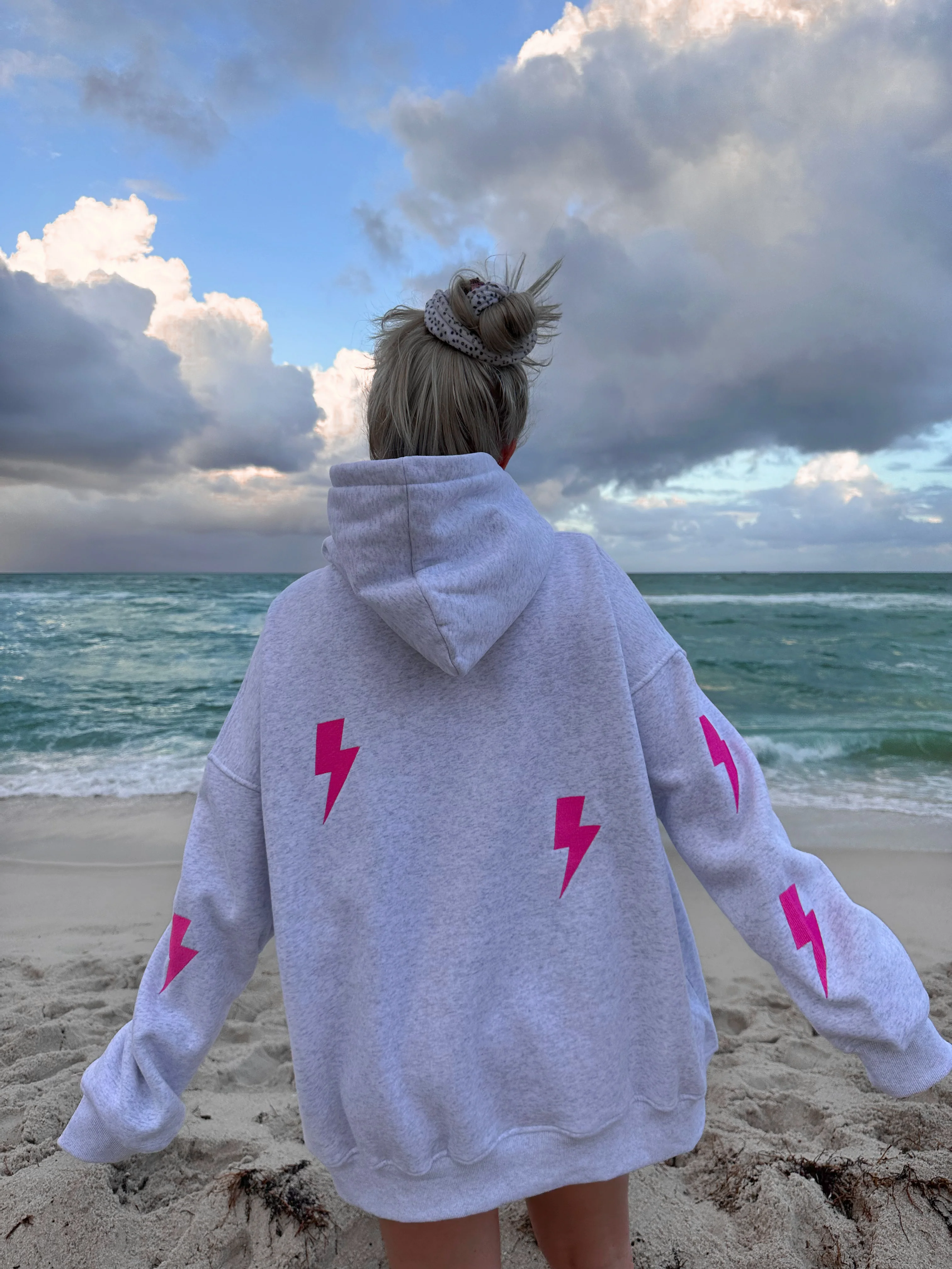 Pearl Grey Embroider Lightning Bolt Hoodie - Image 2