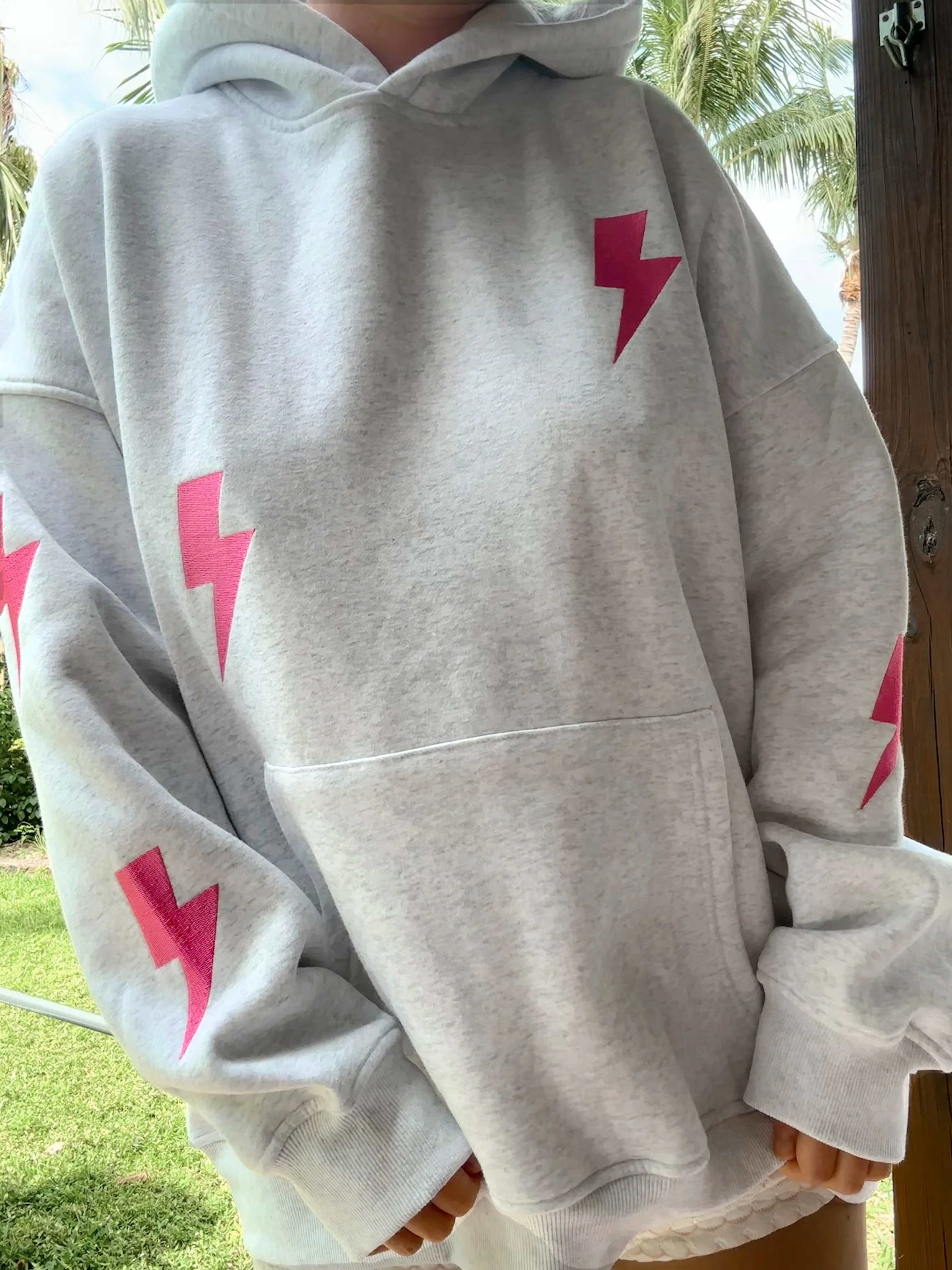 Pearl Grey Embroider Lightning Bolt Hoodie - Image 3