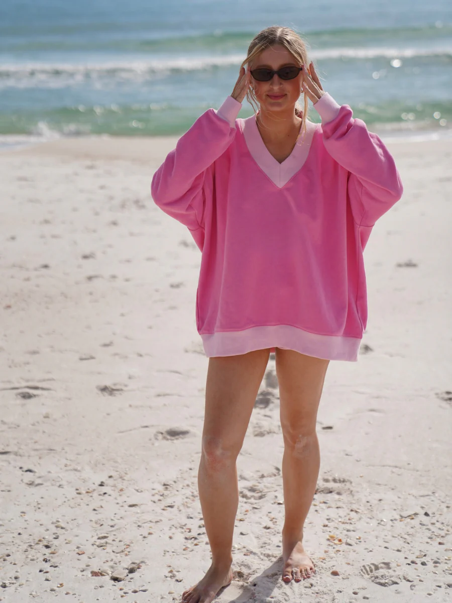 Blank Pink And Light Pink V-Neck Sweatshirt - Image 7