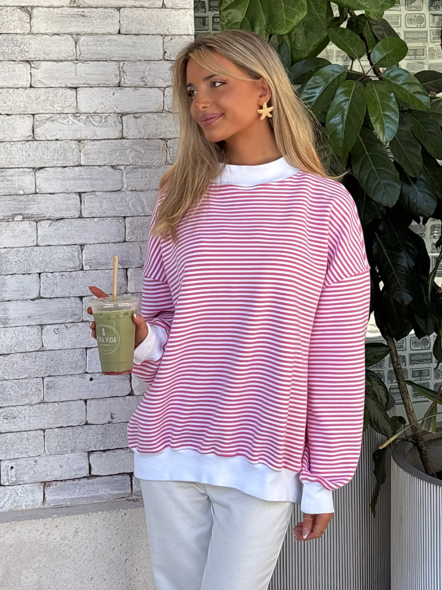 Dark Pink and White Big Striped Mockneck Sweatshirt - Image 10