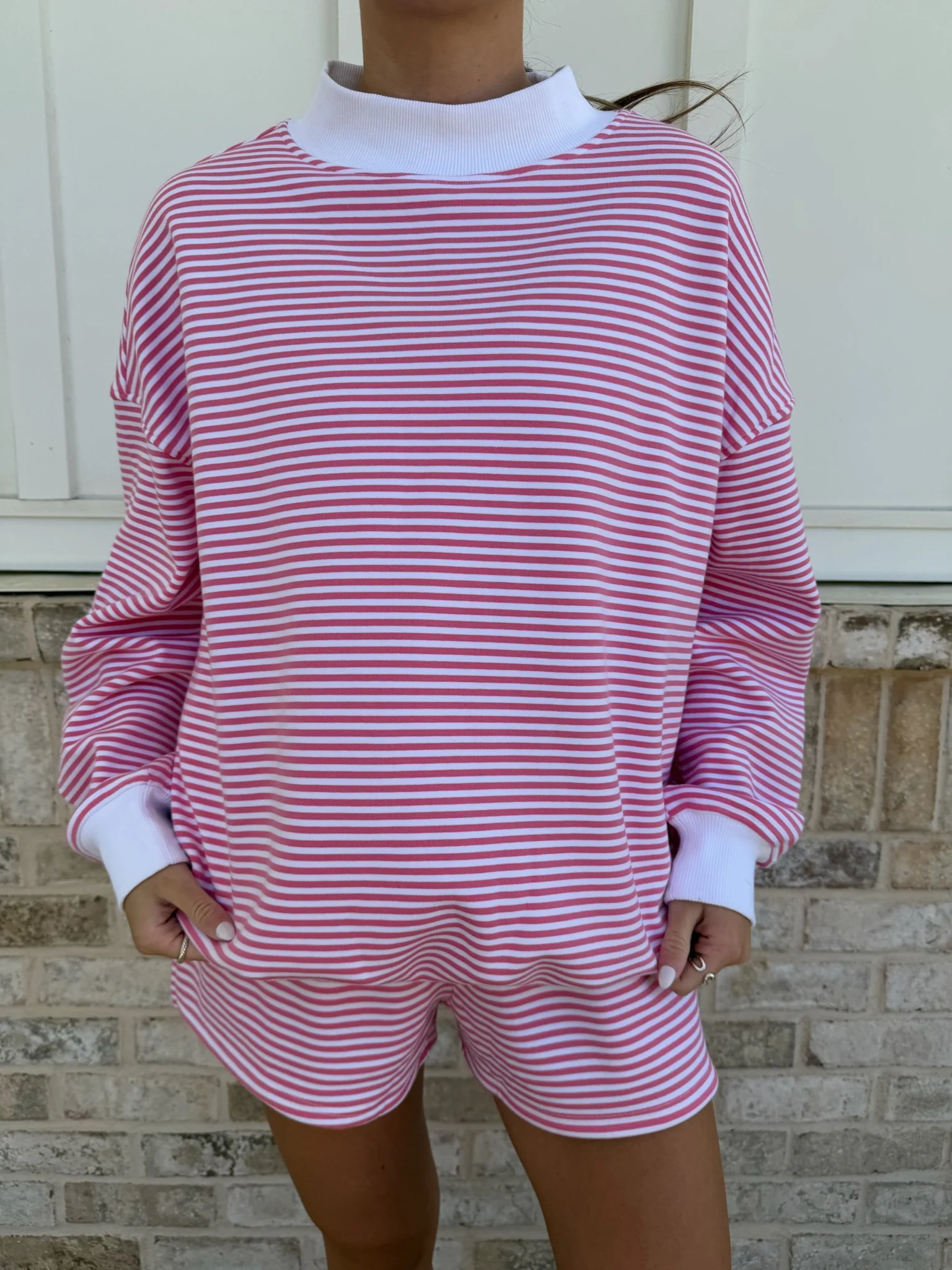 Dark Pink and White Big Striped Mockneck Sweatshirt - Image 13