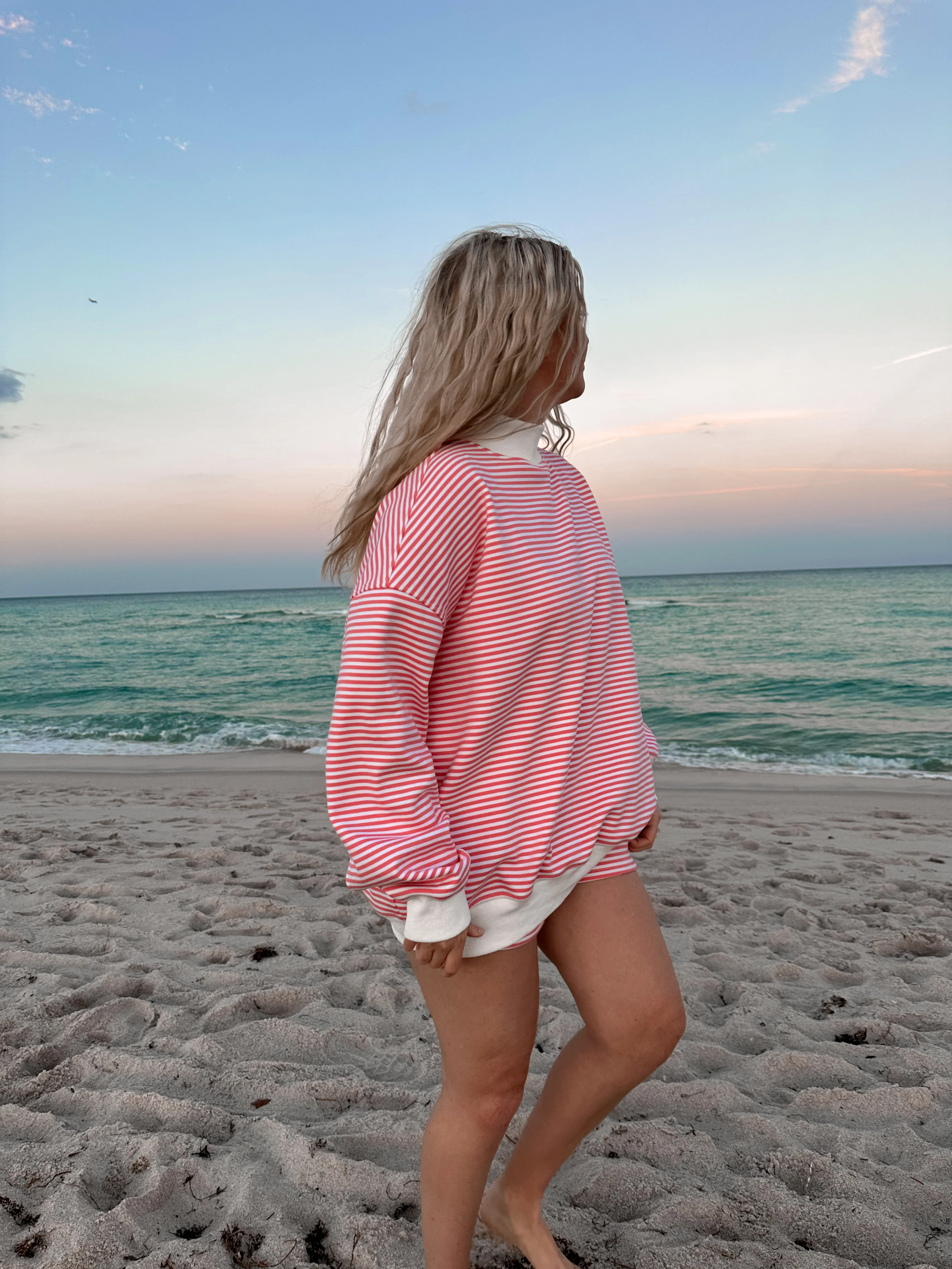Dark Pink and White Big Striped Mockneck Sweatshirt - Image 2
