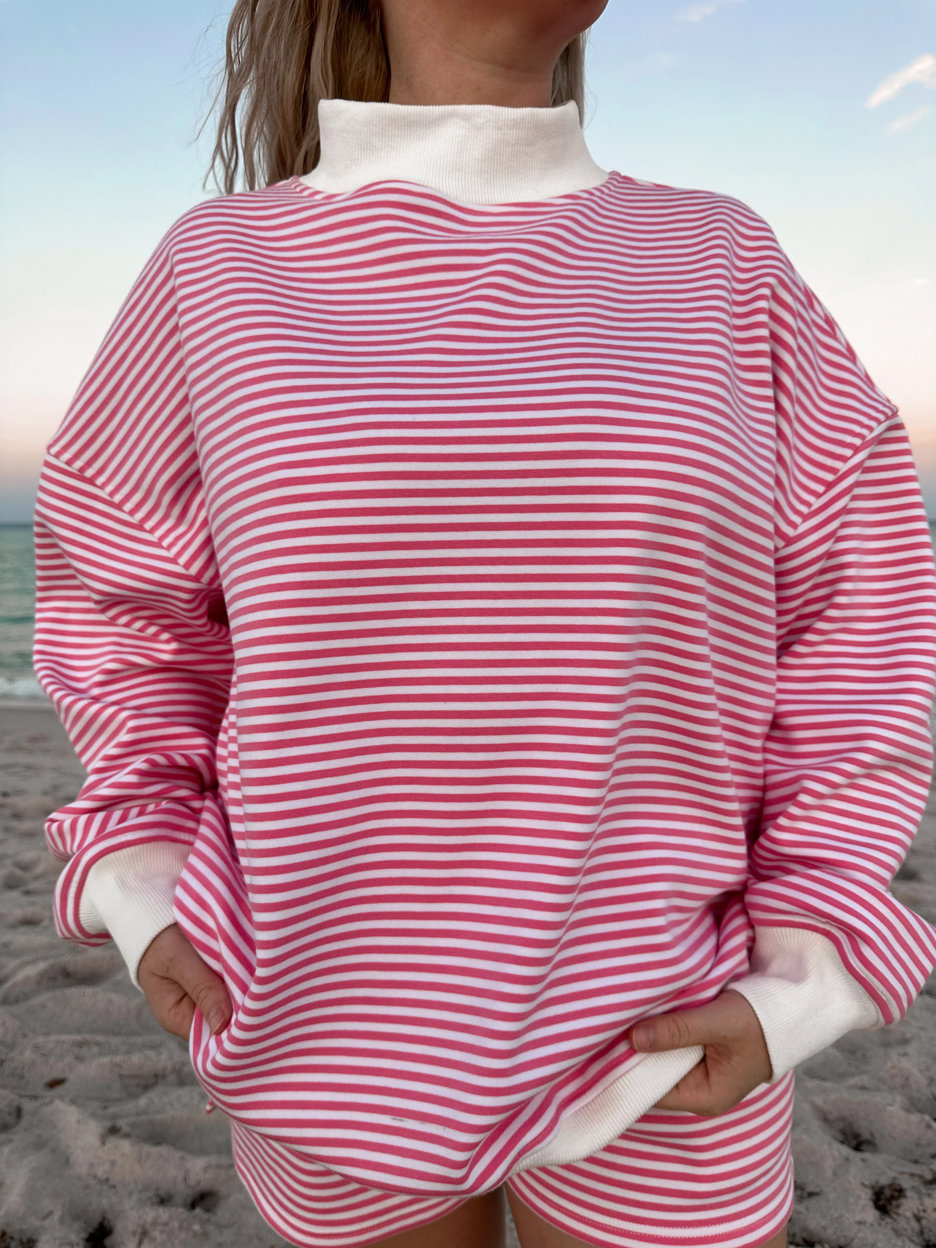 Dark Pink and White Big Striped Mockneck Sweatshirt - Image 4