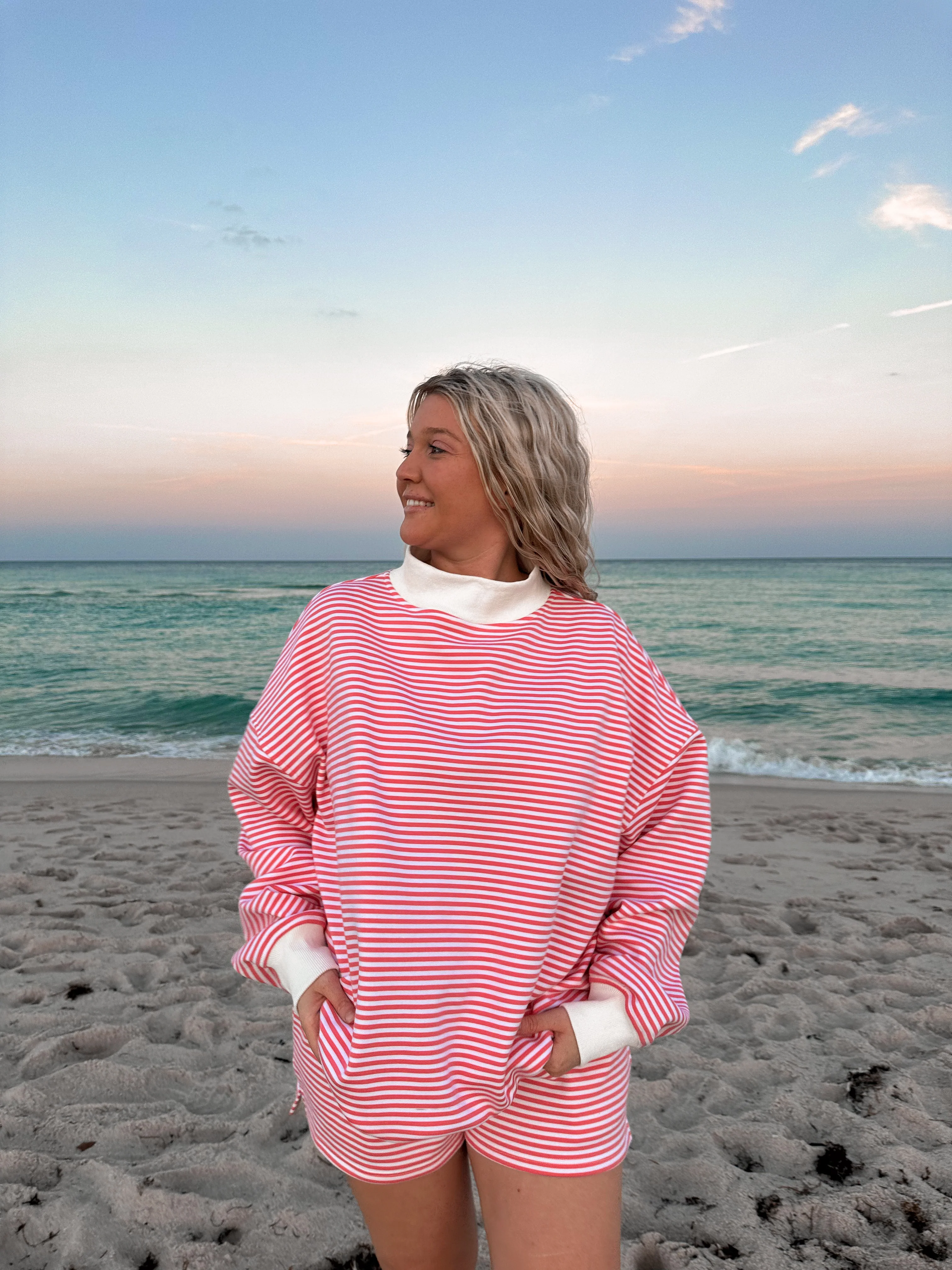 Dark Pink and White Big Striped Mockneck Sweatshirt - Image 5