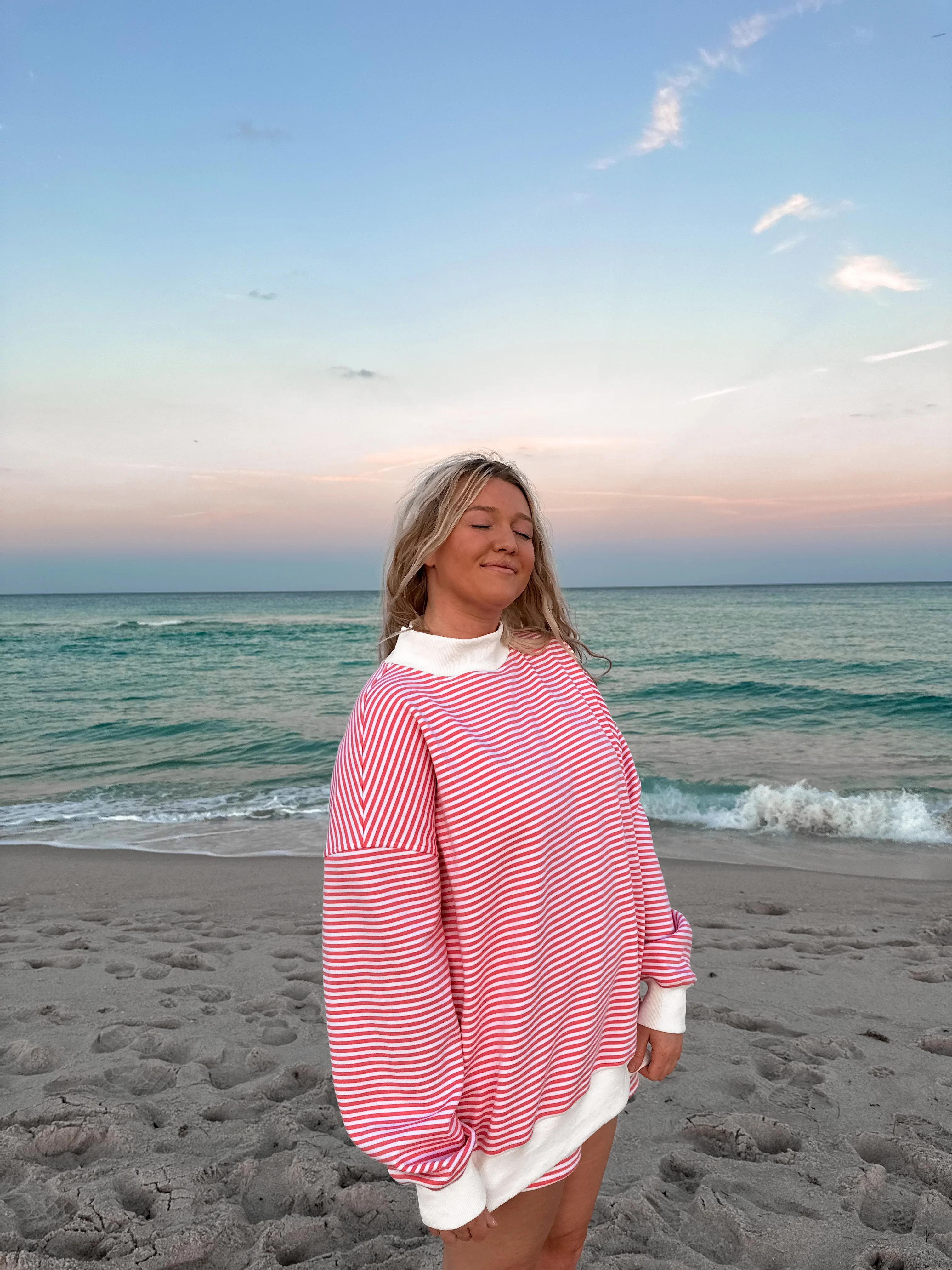 Dark Pink and White Big Striped Mockneck Sweatshirt - Image 6