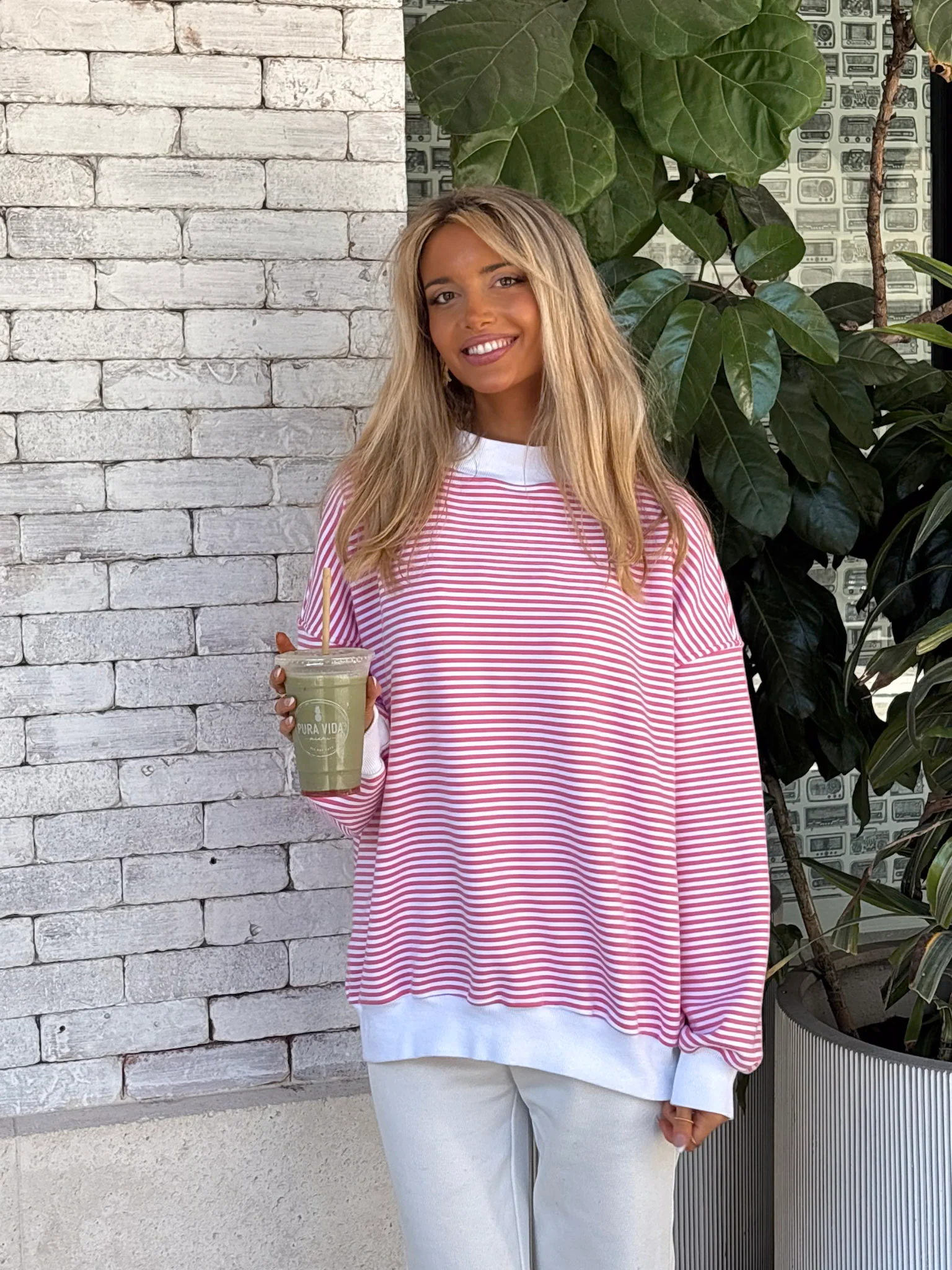 Dark Pink and White Big Striped Mockneck Sweatshirt - Image 8