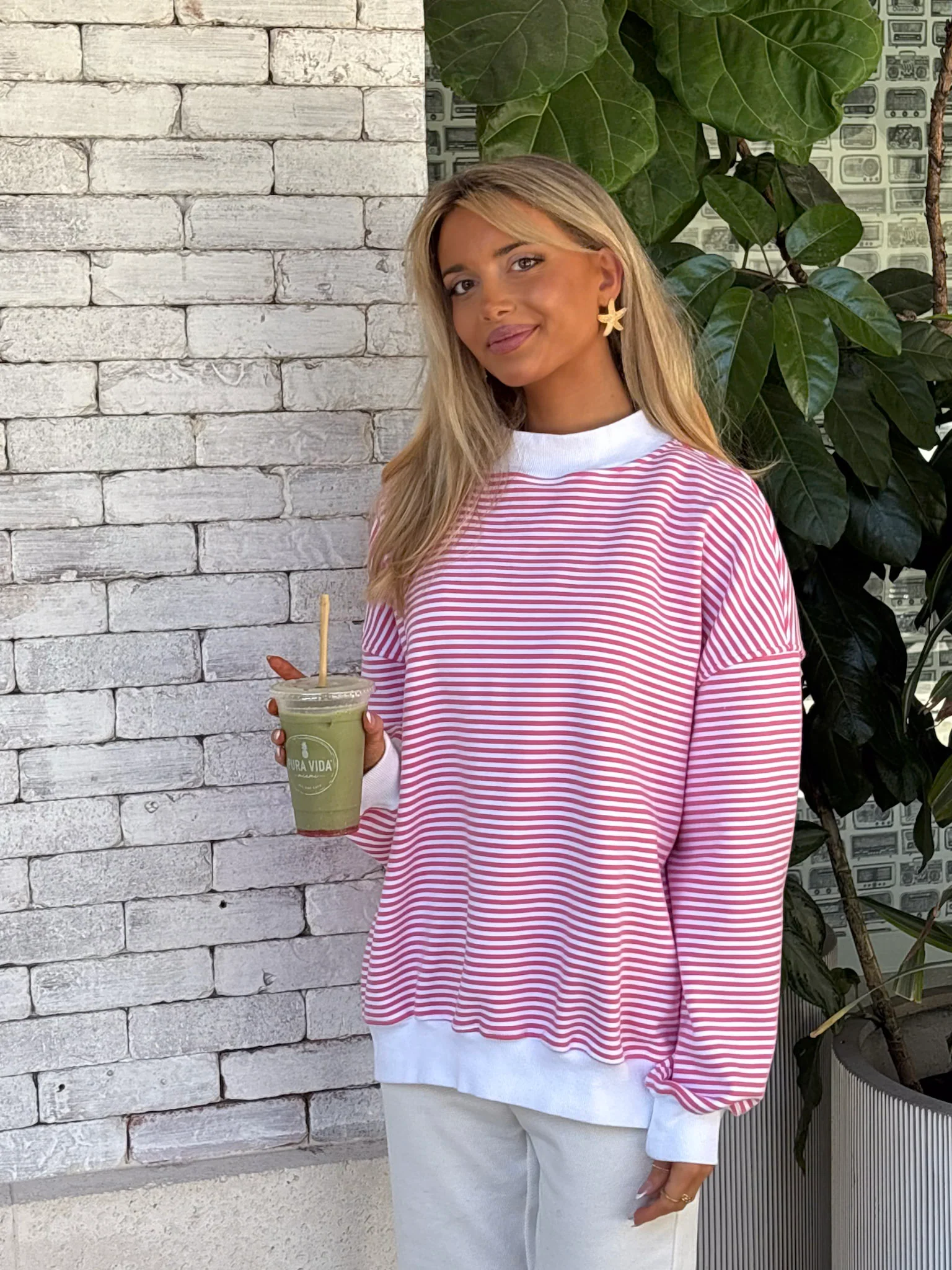 Dark Pink and White Big Striped Mockneck Sweatshirt - Image 9