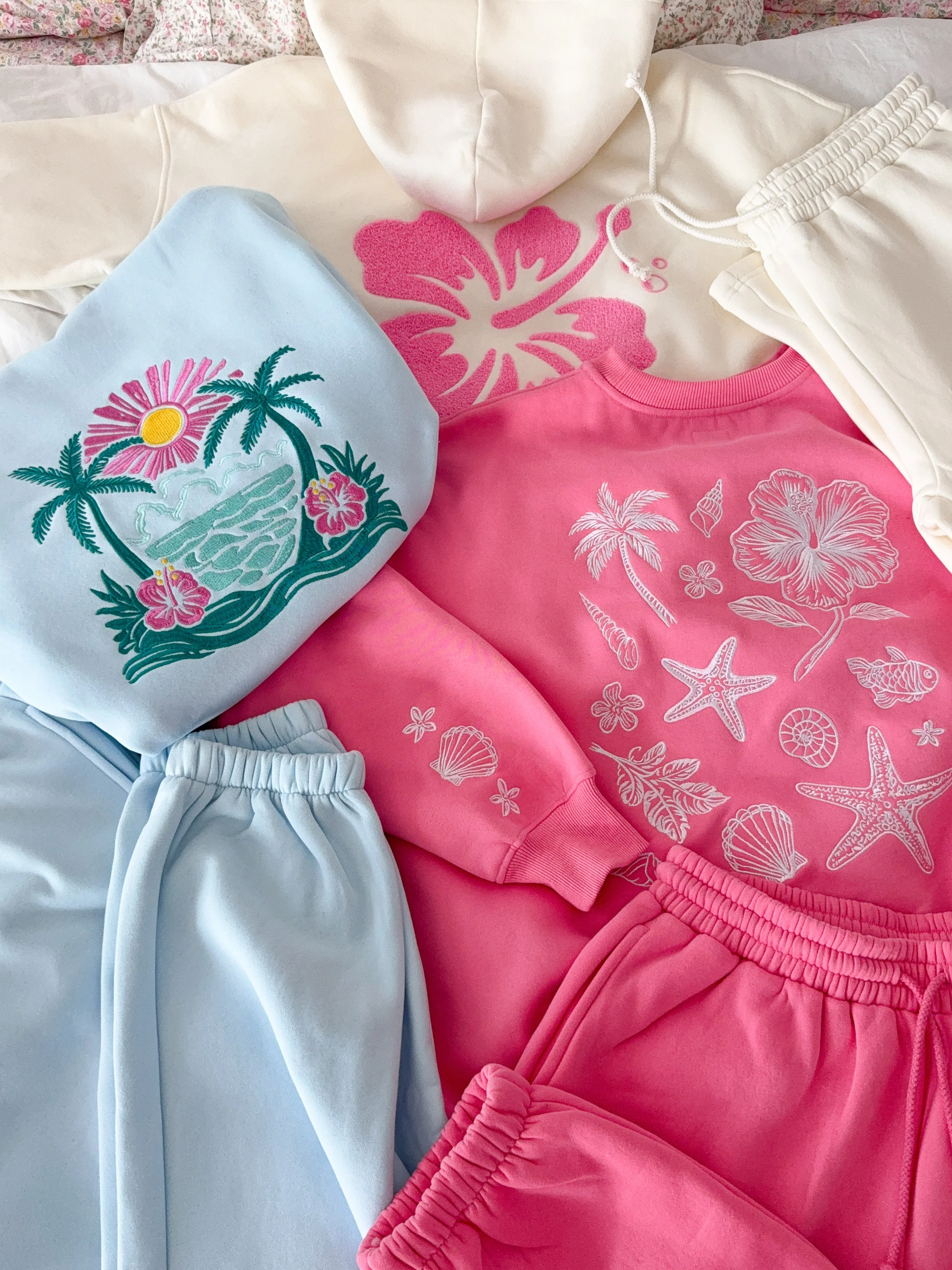 Icy Blue Hibiscus Flower Beach Babe Embroider Hoodie - Image 11