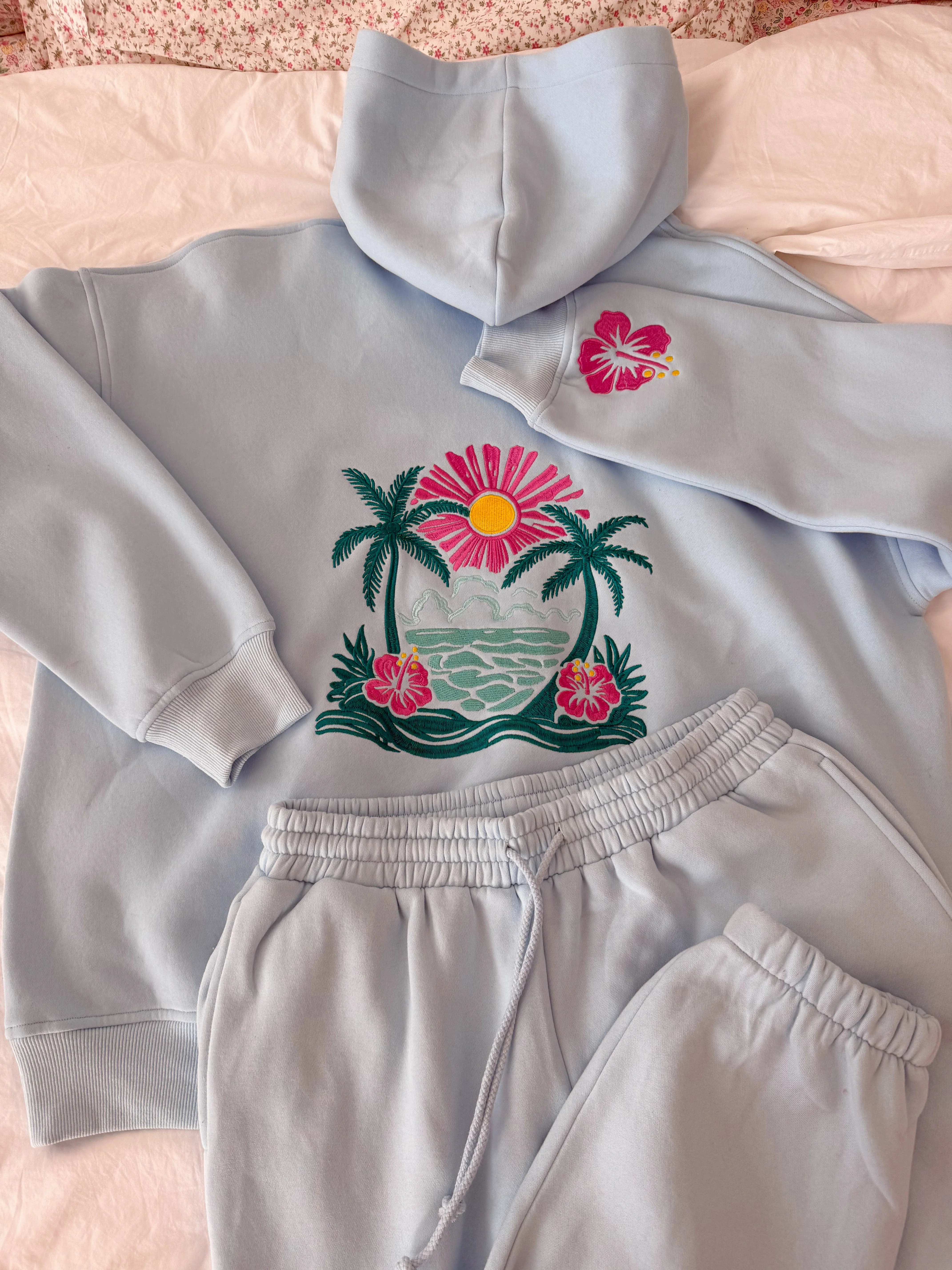 Icy Blue Hibiscus Flower Beach Babe Embroider Hoodie - Image 12