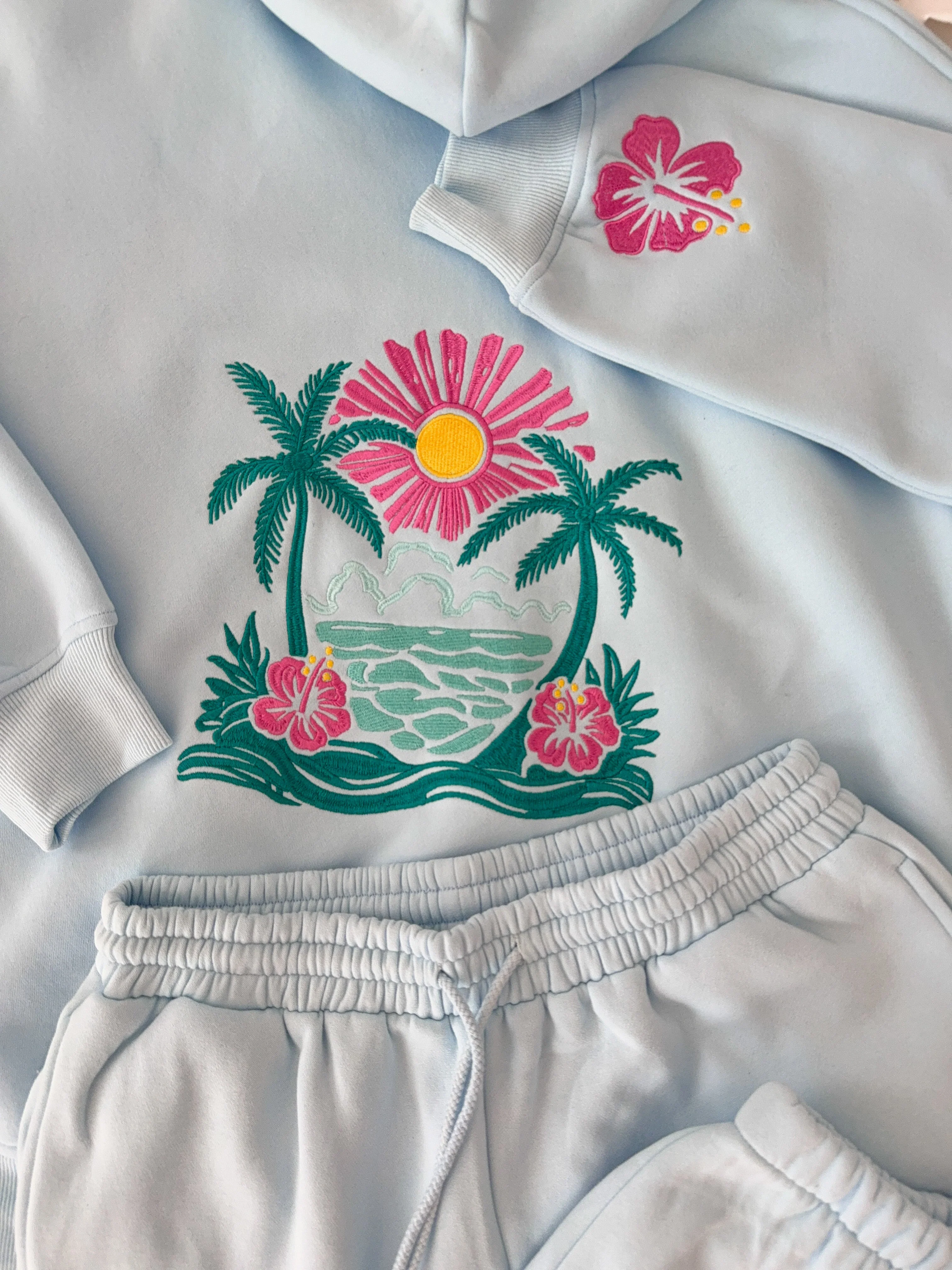 Icy Blue Hibiscus Flower Beach Babe Embroider Hoodie - Image 13