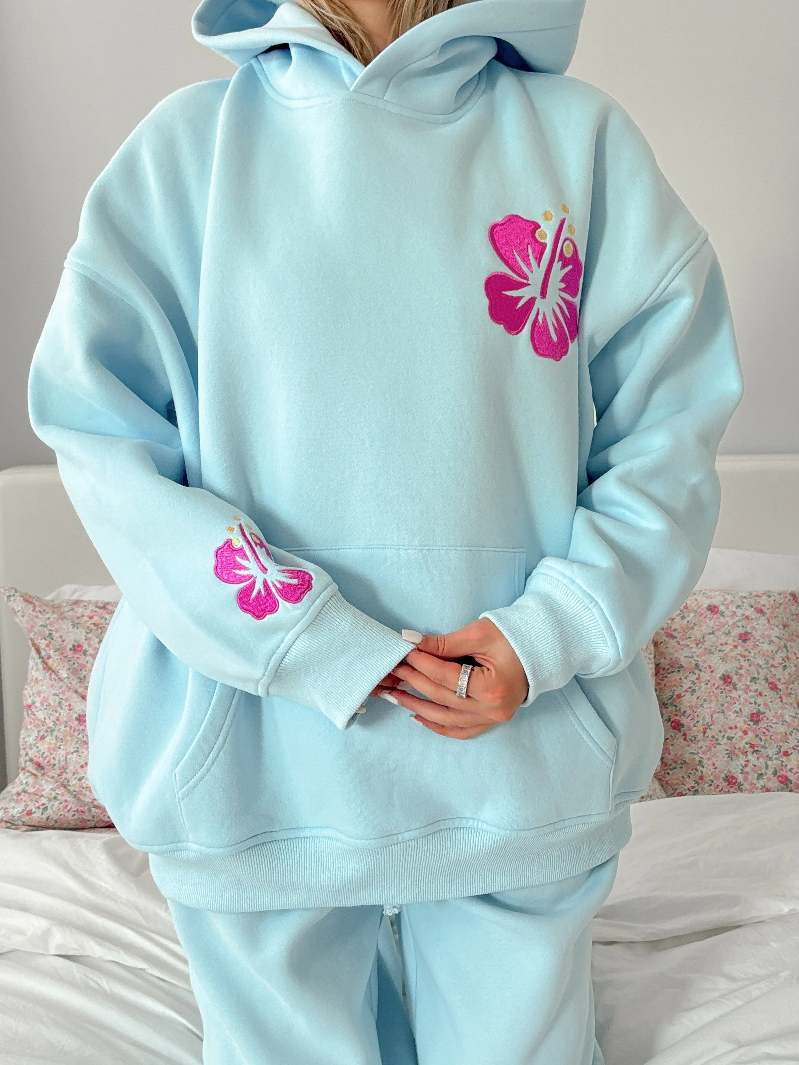 Icy Blue Hibiscus Flower Beach Babe Embroider Hoodie - Image 2