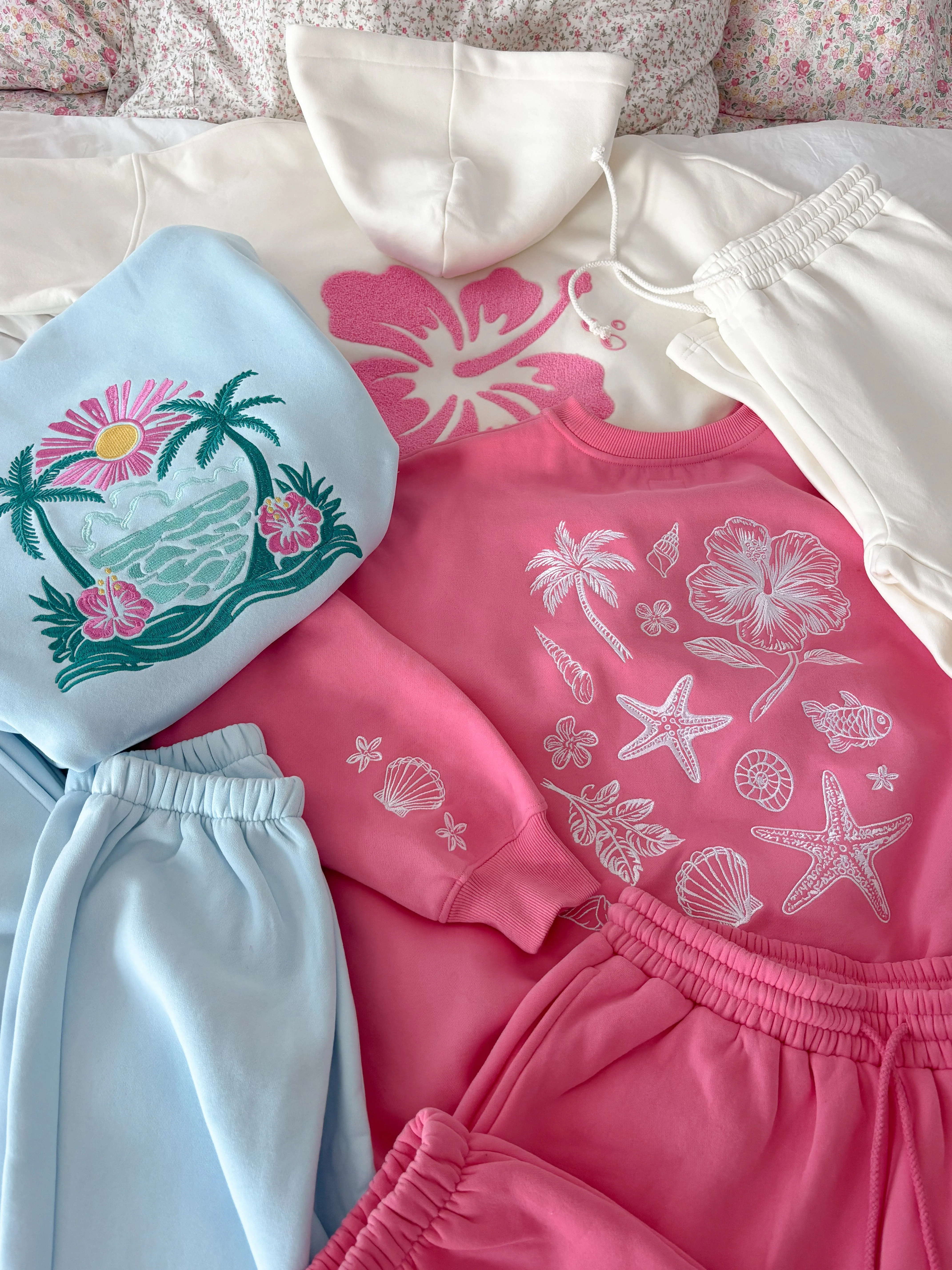 Icy Blue Hibiscus Flower Beach Babe Embroider Hoodie - Image 21